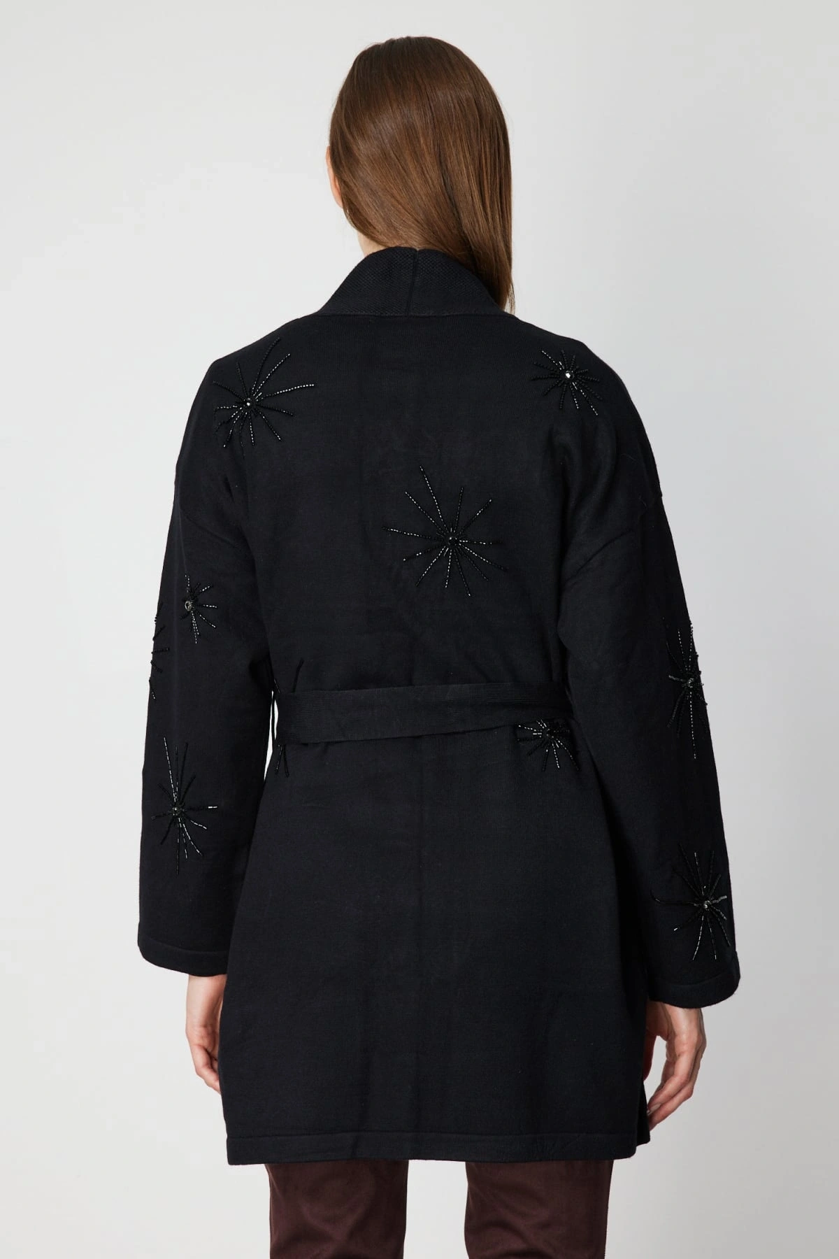 On Fashion Beli Kuşaklı Taş İşlemeli Siyah Hırka 60909