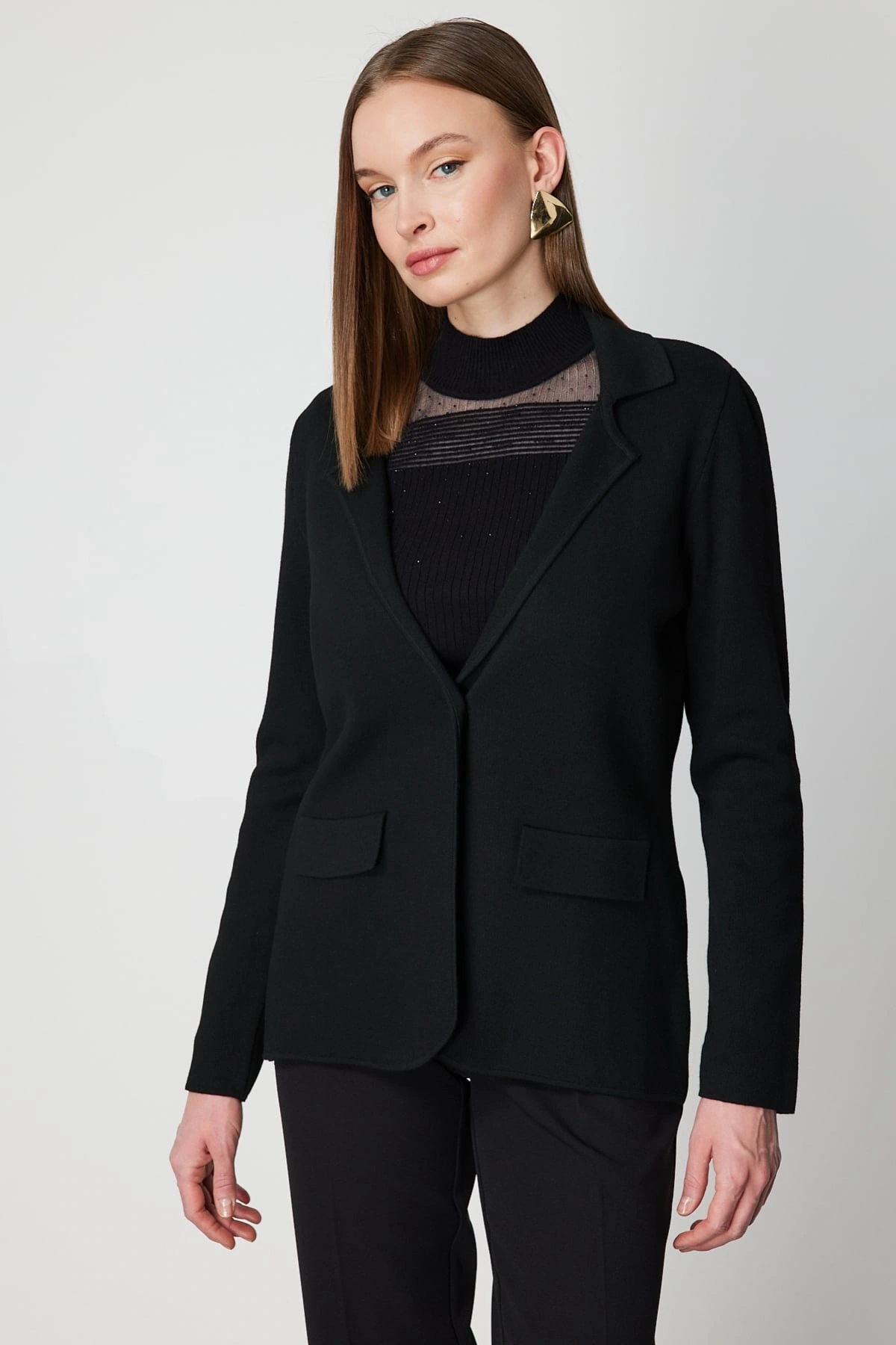 On Fashion Kadın Düğmeli Ceket Yaka Triko Siyah Hırka 63926