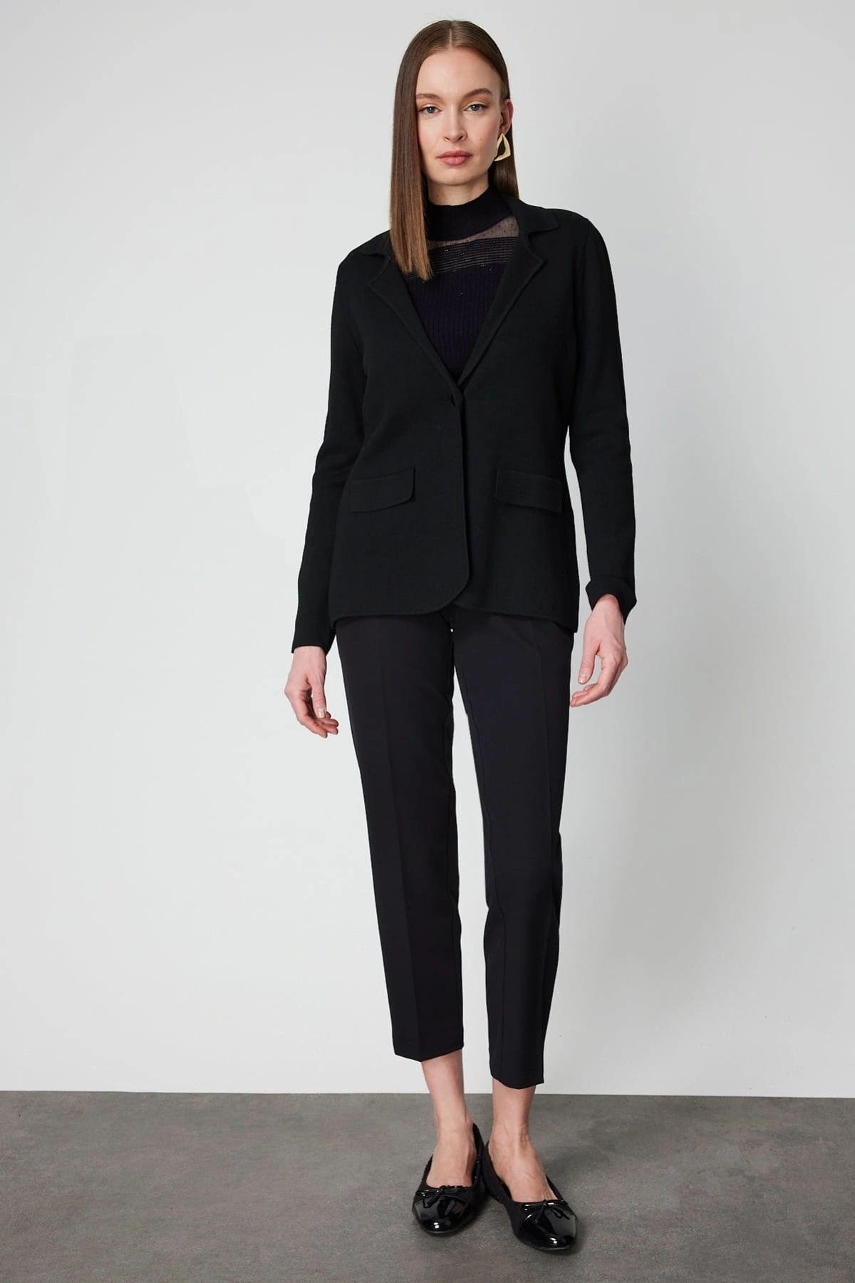 On Fashion Kadın Düğmeli Ceket Yaka Triko Siyah Hırka 63926