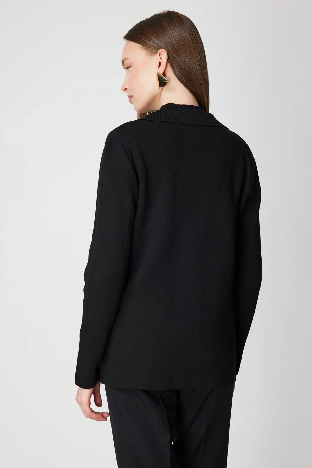 On Fashion Kadın Düğmeli Ceket Yaka Triko Siyah Hırka 63926