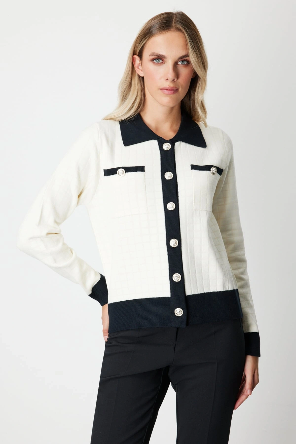 On Fashion Kadın Gömlek Yaka Cepli Ekru Hırka 65924