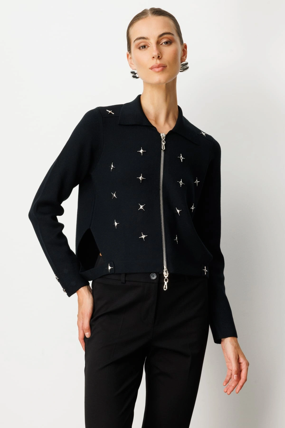 On Fashion Kadın Polo Yaka Zımbalı Fermuarlı Siyah Hırka 65905