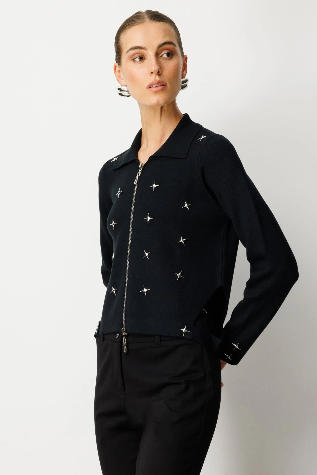 On Fashion Kadın Polo Yaka Zımbalı Fermuarlı Siyah Hırka 65905