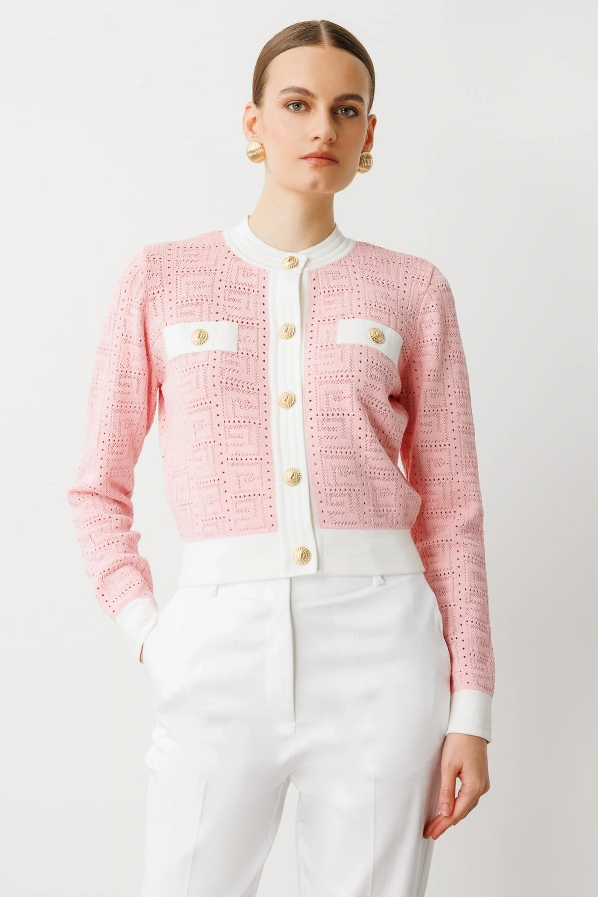 On Fashion Kadın Önü Gold Düğmeli Sıfır Yaka Pembe Hırka 53900