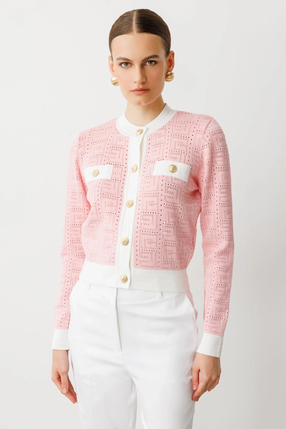 On Fashion Kadın Önü Gold Düğmeli Sıfır Yaka Pembe Hırka 53900