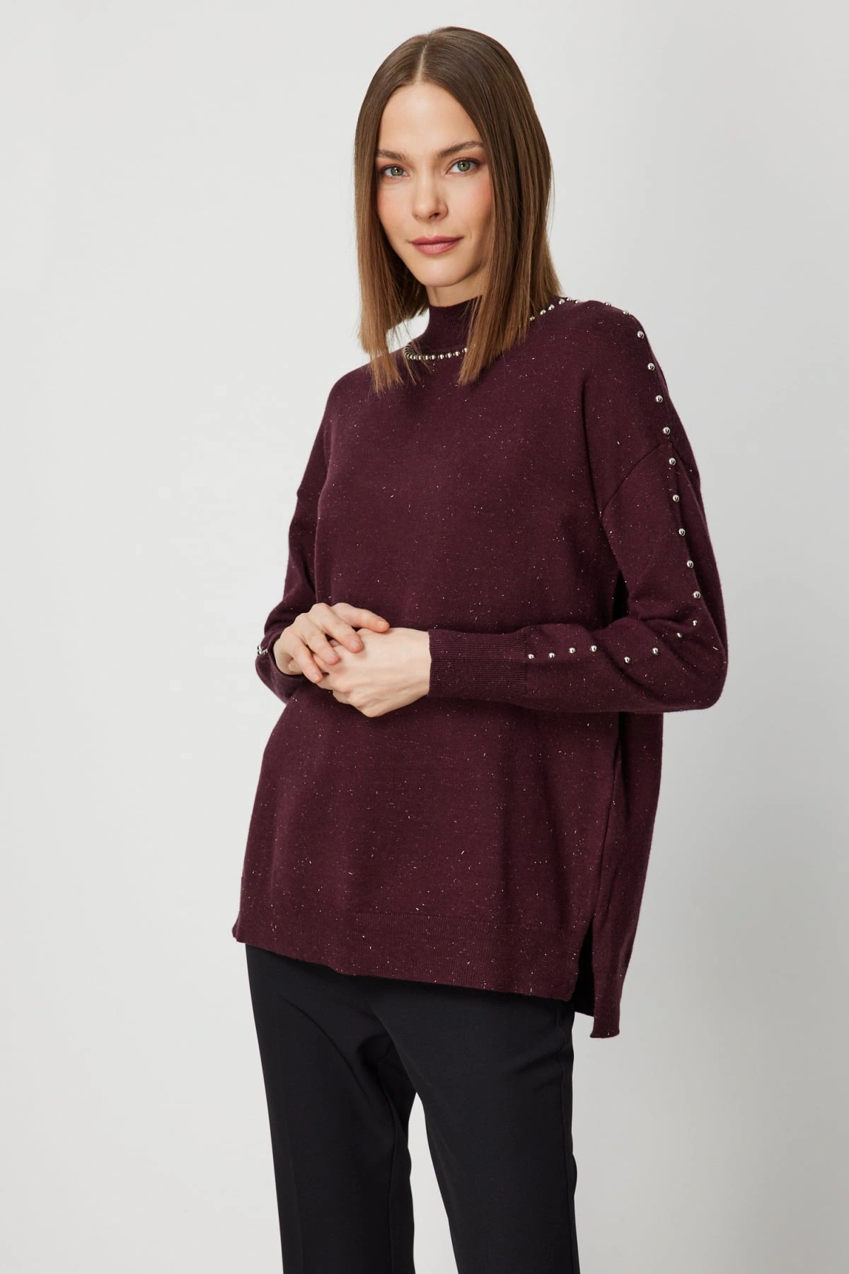 On Fashion Kadın Zımba Detaylı Bordo Kazak 60307