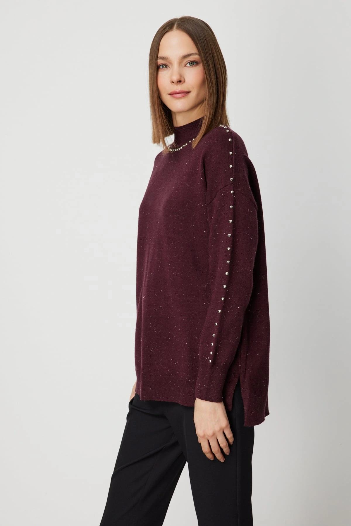 On Fashion Kadın Zımba Detaylı Bordo Kazak 60307