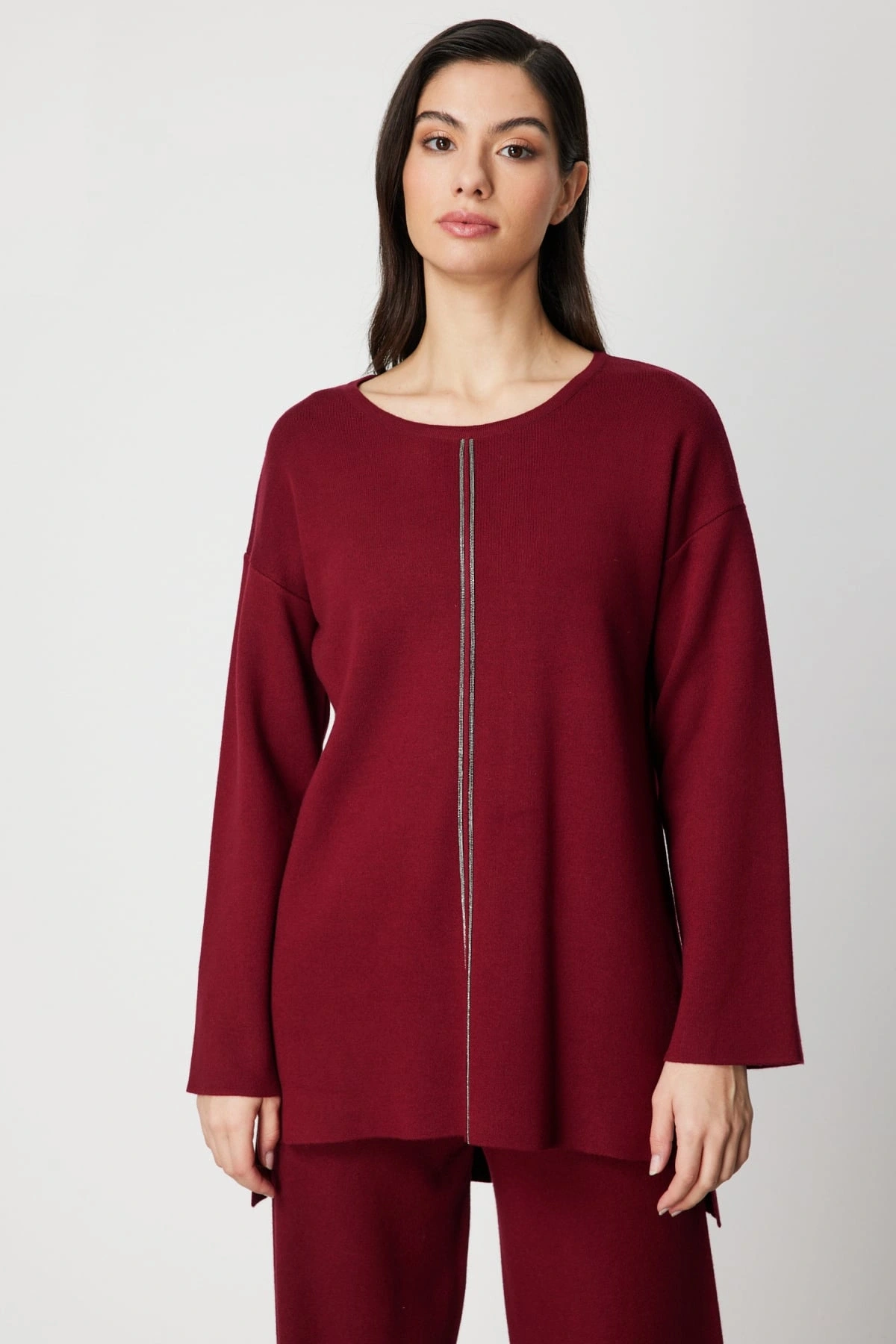 On Fashion Kadın Zincir Şeritli Bordo Kazak 63320