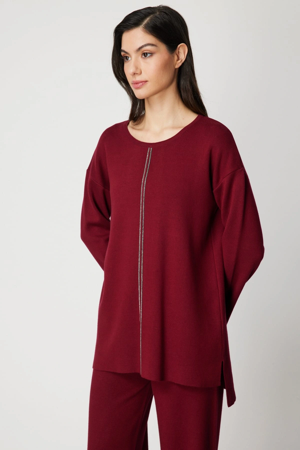 On Fashion Kadın Zincir Şeritli Bordo Kazak 63320