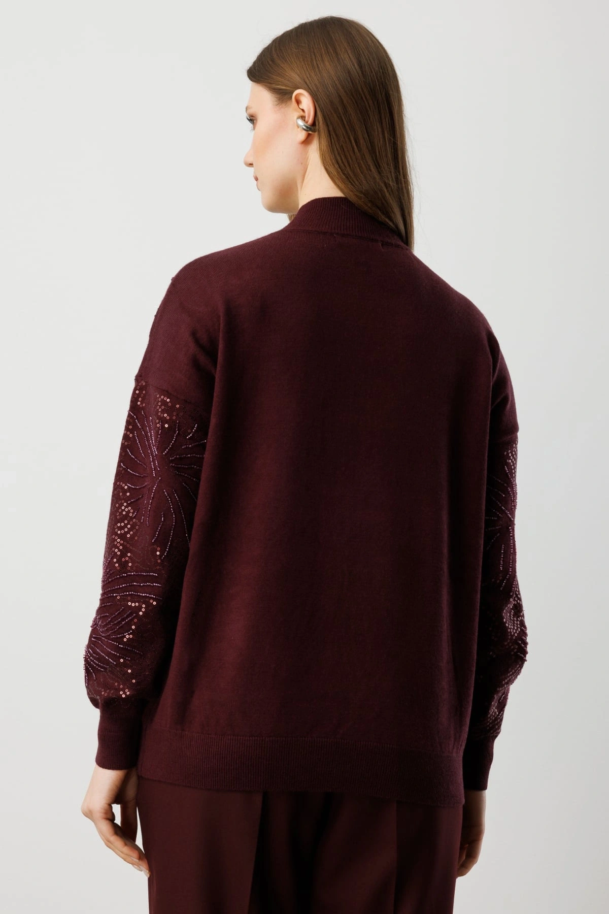 On Fashion Kadın Sıfır Yaka Önü Taşlı Bordo Triko Kazak 60323