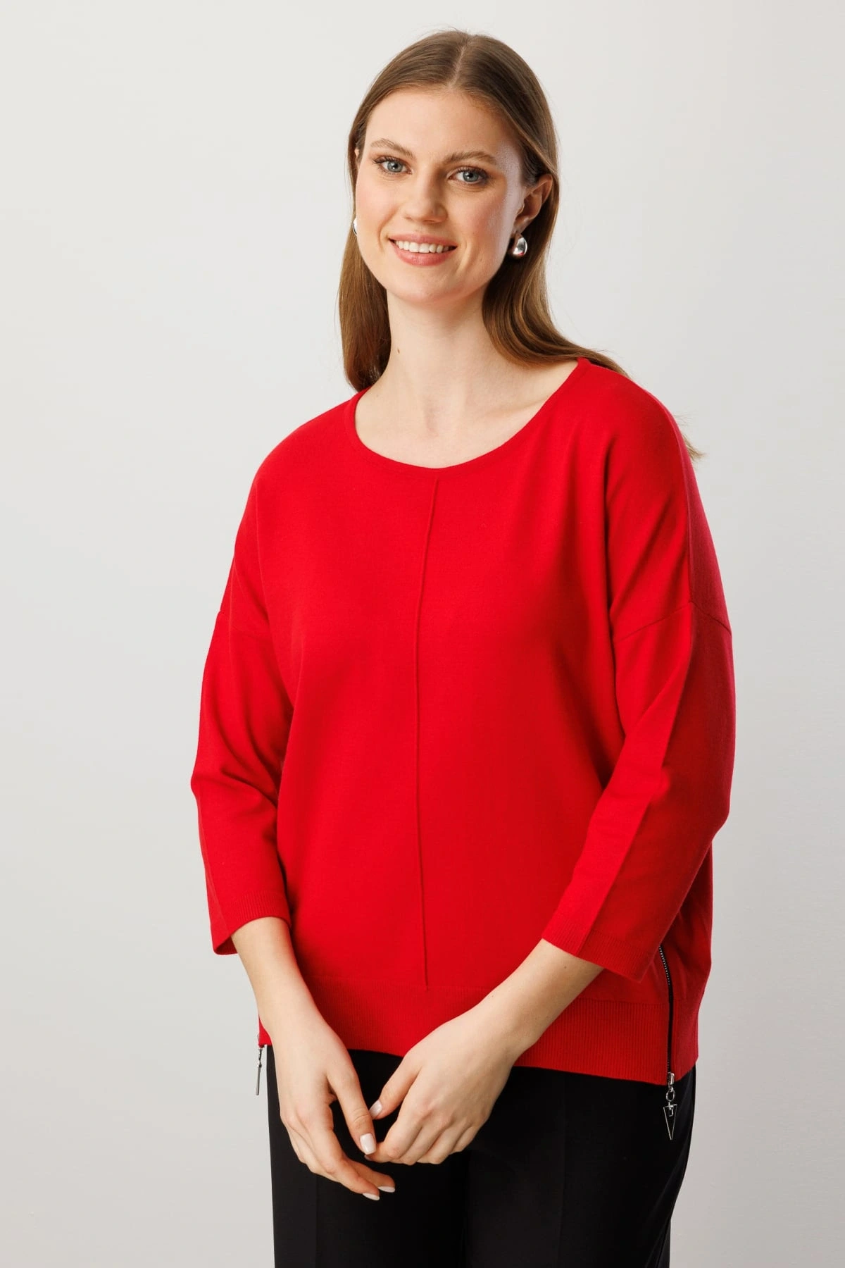 On Fashion Kadın Yanları Fermuarlı Kırmızı Bol Kazak 65389