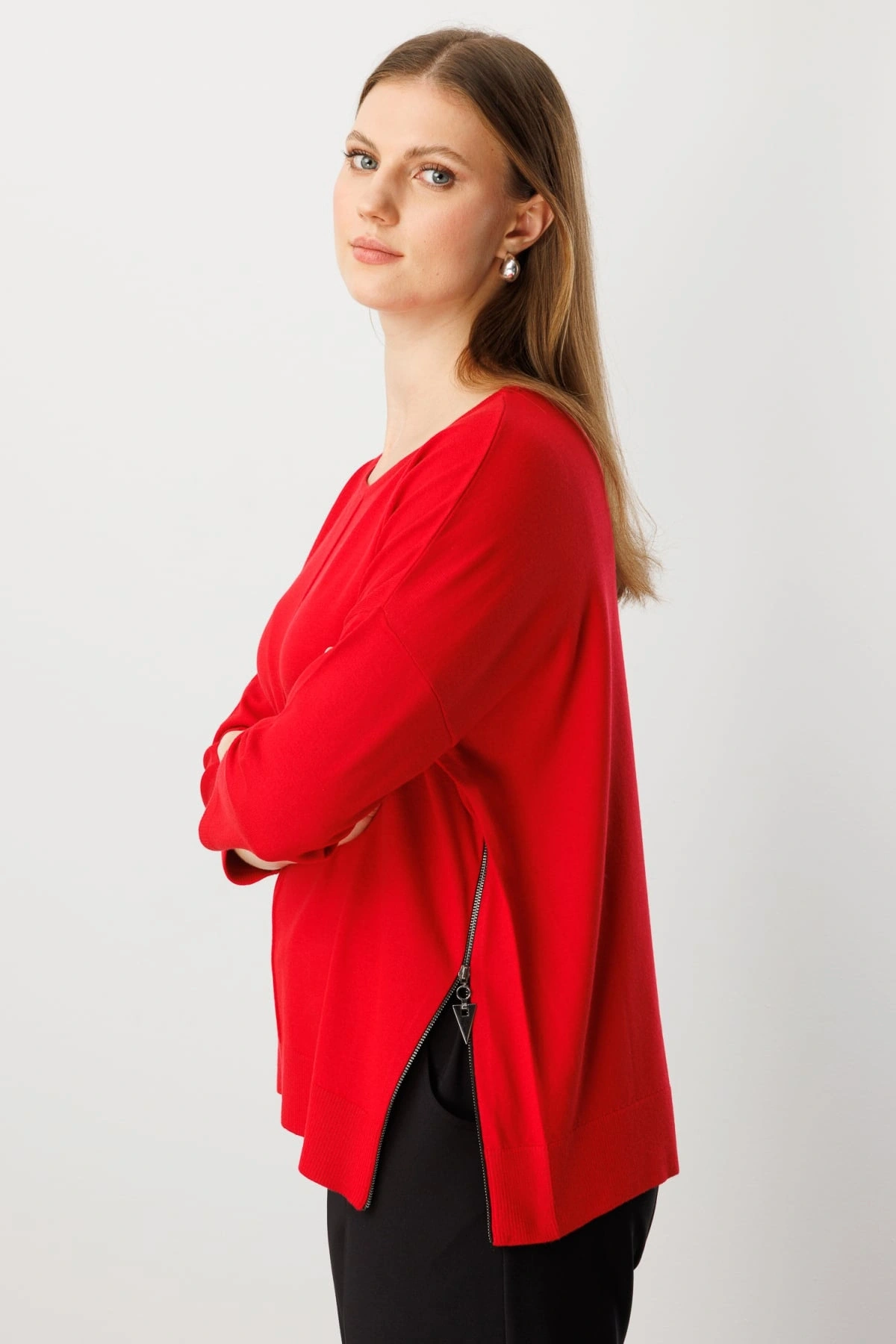 On Fashion Kadın Yanları Fermuarlı Kırmızı Bol Kazak 65389