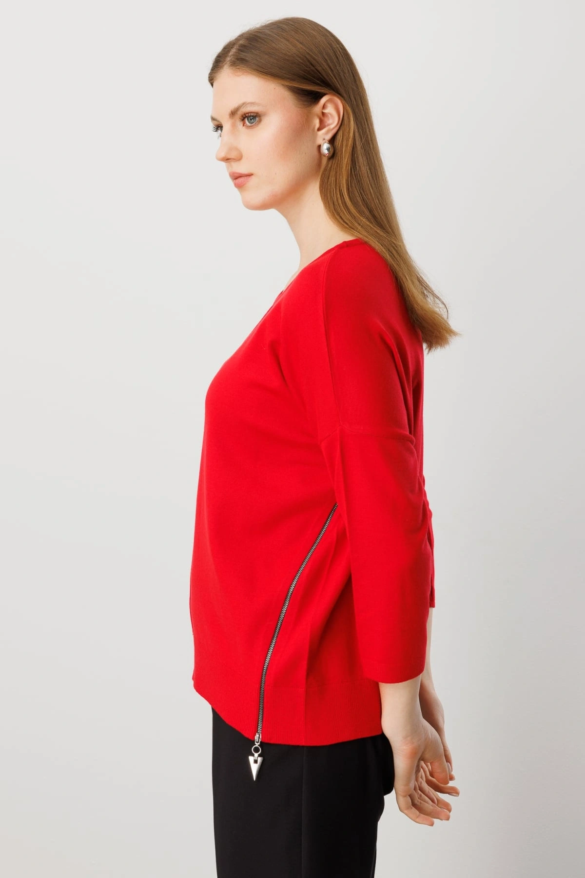 On Fashion Kadın Yanları Fermuarlı Kırmızı Bol Kazak 65389