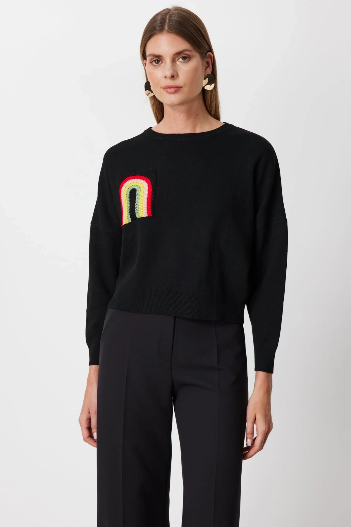 On Fashion Kadın Renkli Aksesuarlı Sıfır Yaka Siyah Kazak 63318