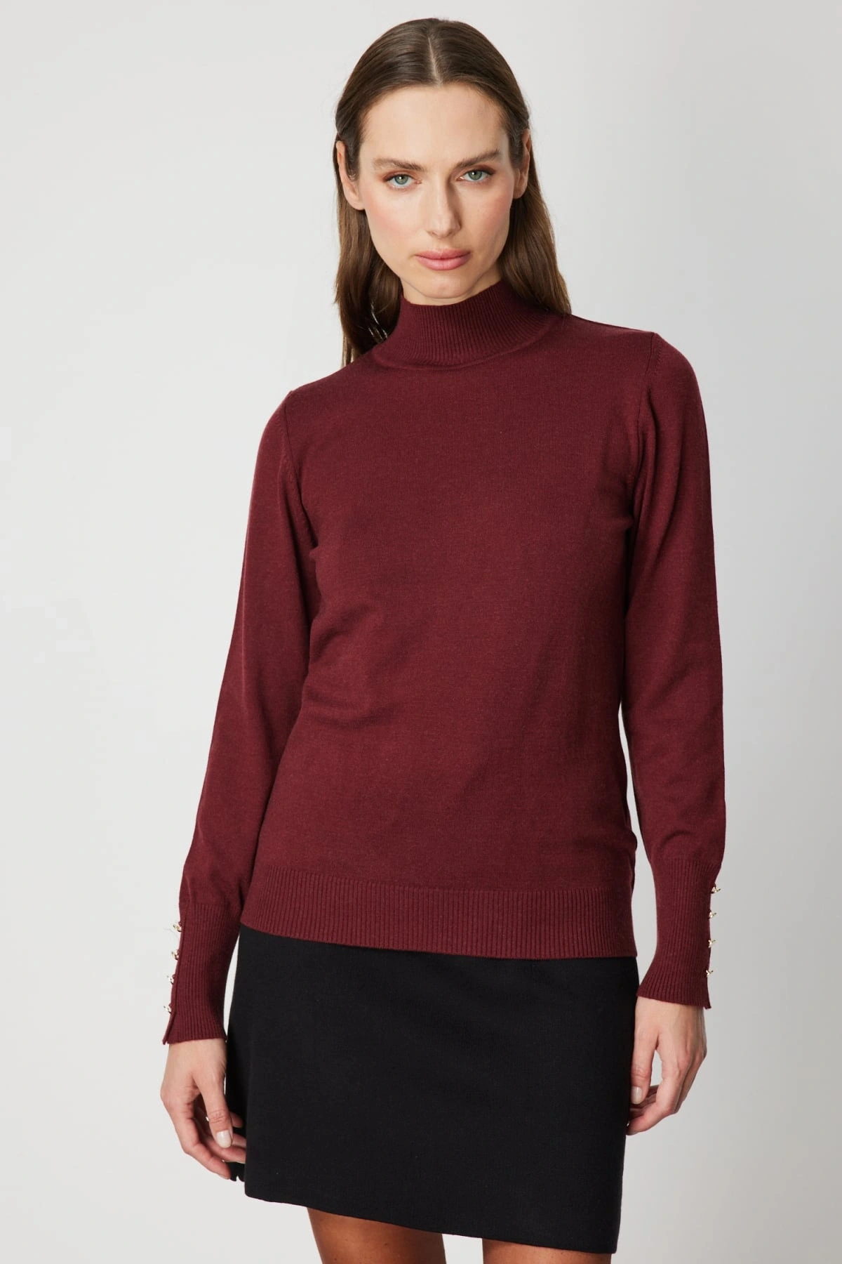 On Fashion Kadın Dik Yaka Basic Bordo Kazak 63514