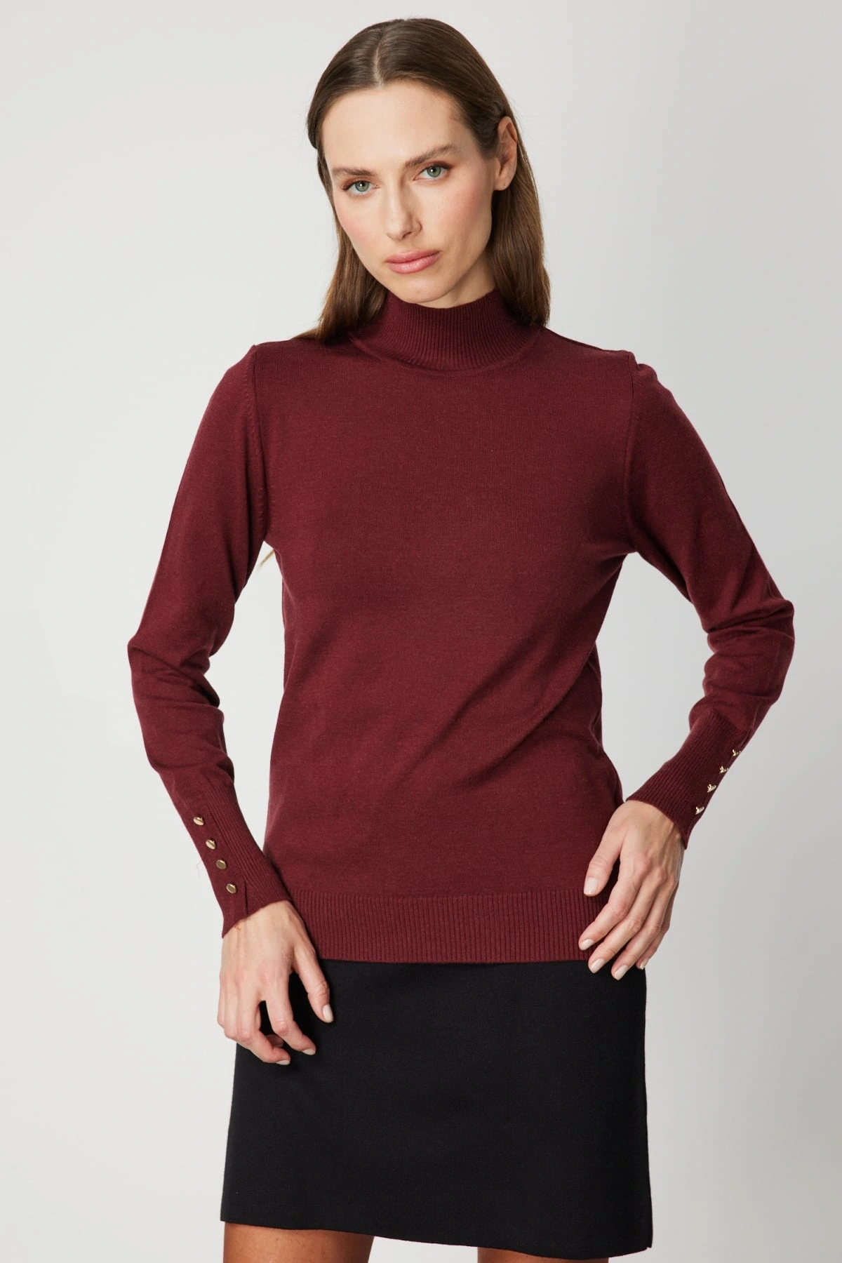 On Fashion Kadın Dik Yaka Basic Bordo Kazak 63514
