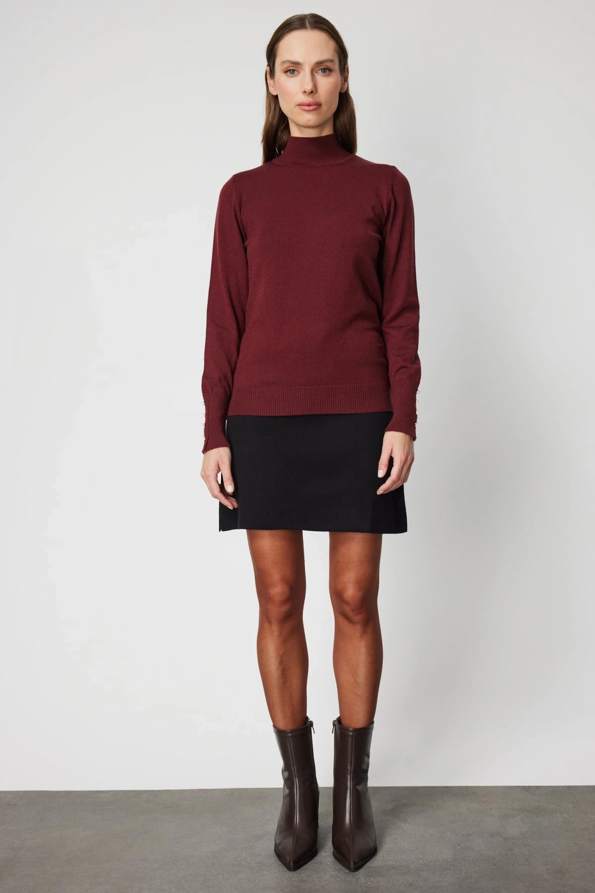 On Fashion Kadın Dik Yaka Basic Bordo Kazak 63514