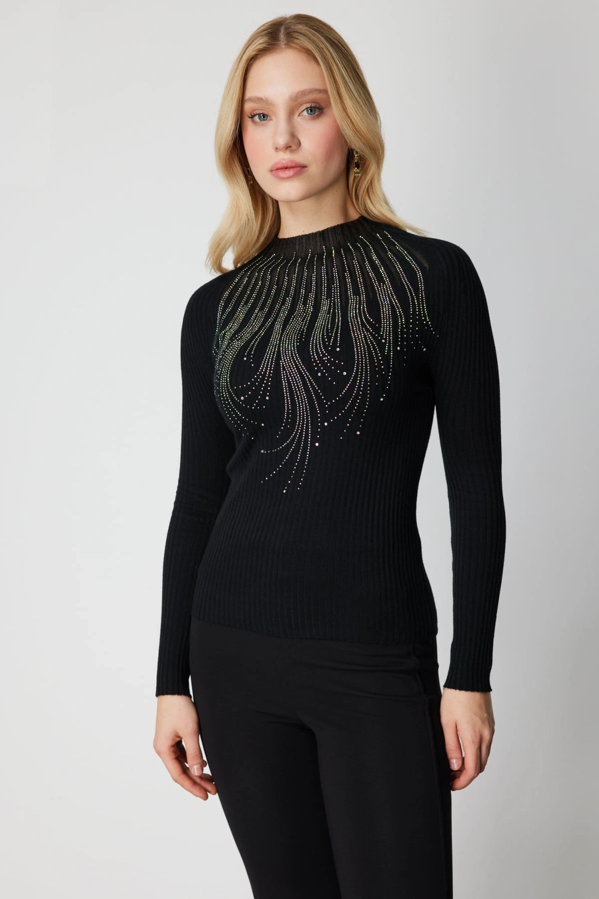 On Fashion Kadın Yarım Balıkçı Transparan Detaylı Siyah Kazak 60389