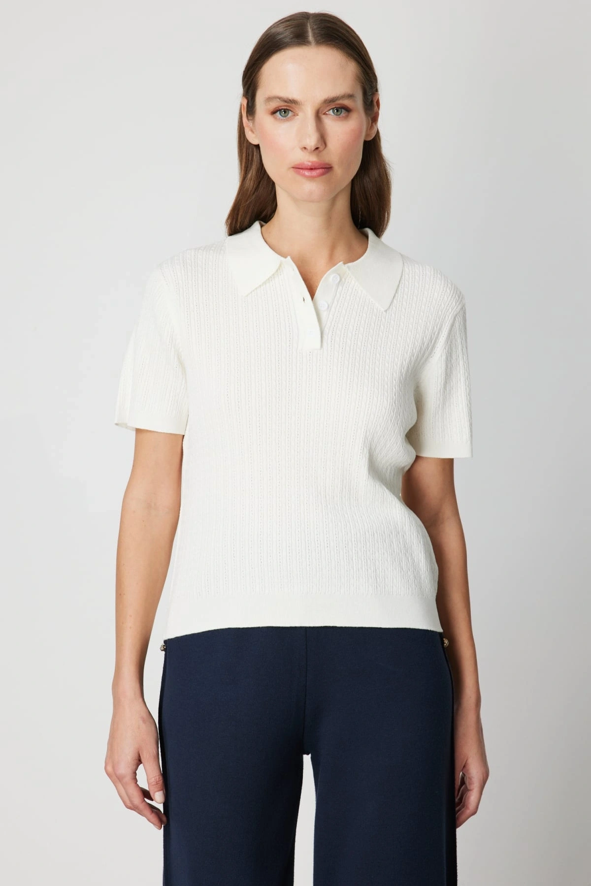 On Fashion Kadın Polo Yaka Triko Ekru Kazak 60314