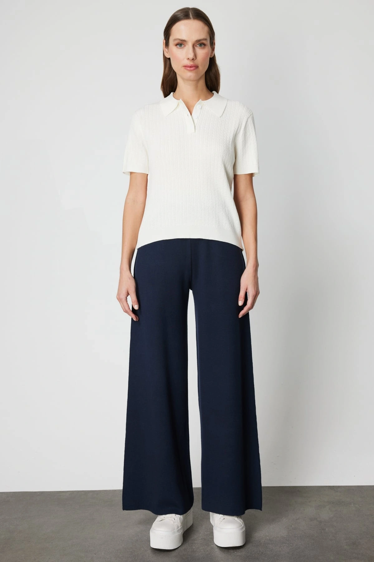 On Fashion Kadın Polo Yaka Triko Ekru Kazak 60314