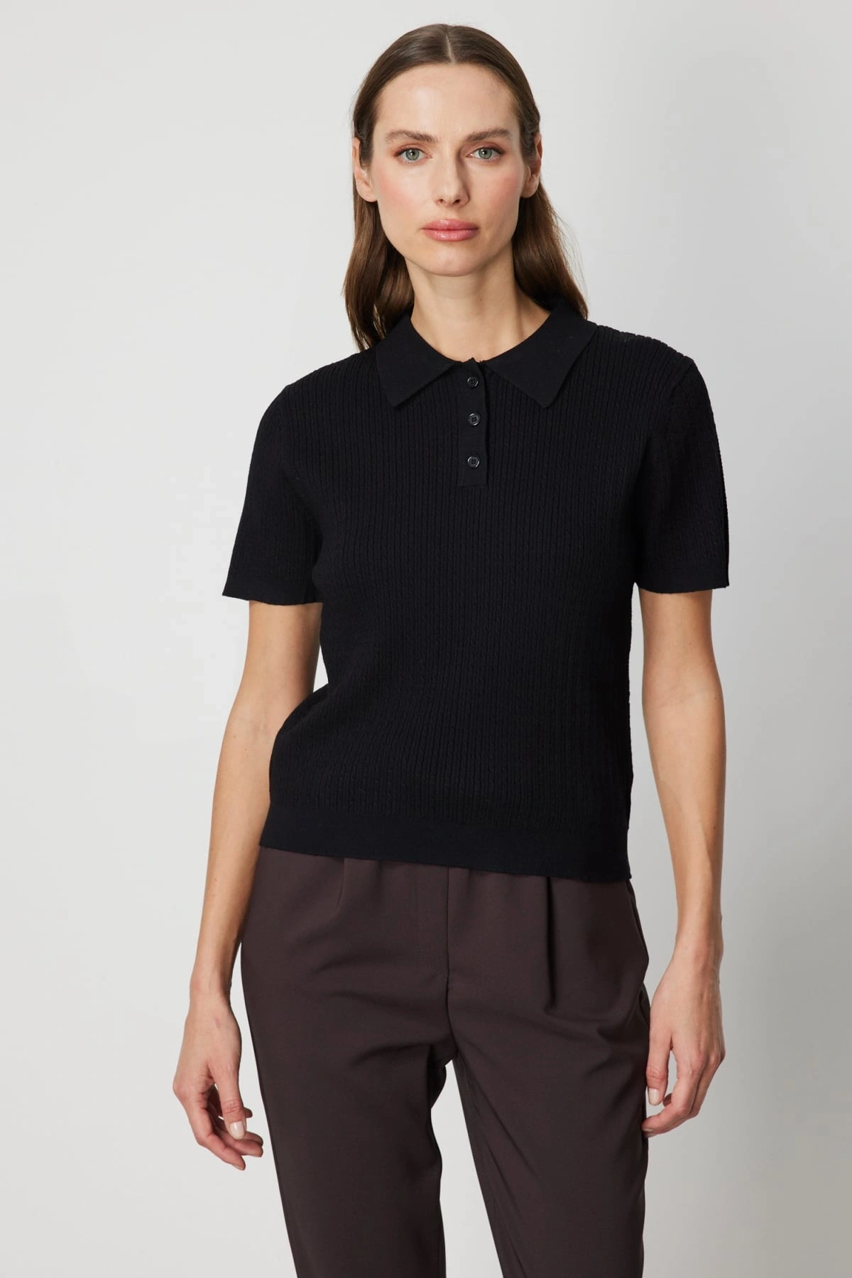 On Fashion Kadın Polo Yaka Triko Siyah Kazak 60314