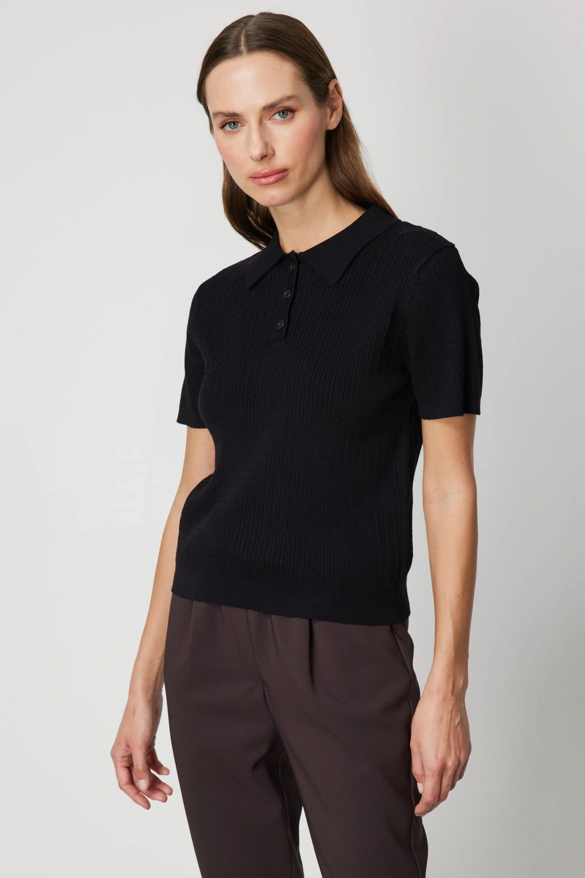 On Fashion Kadın Polo Yaka Triko Siyah Kazak 60314