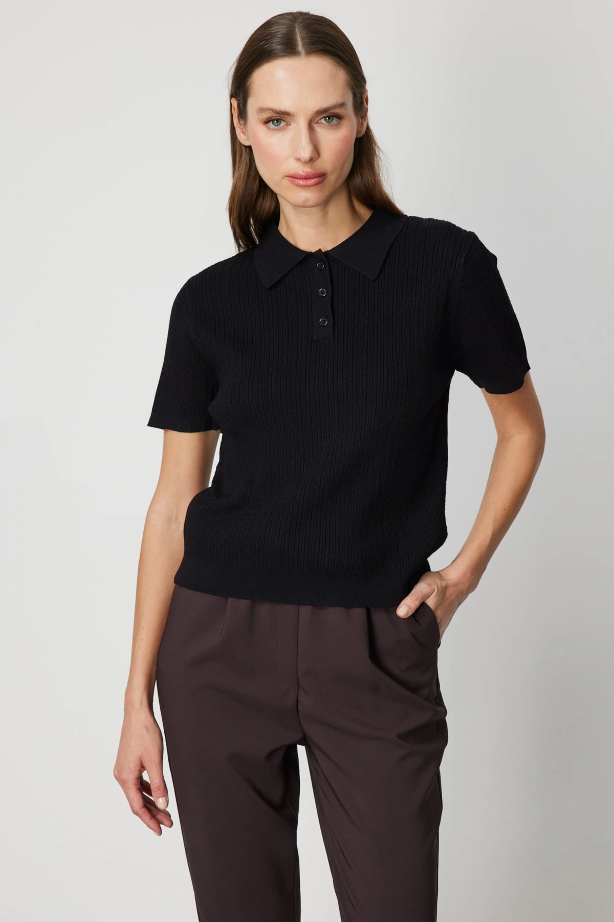 On Fashion Kadın Polo Yaka Triko Siyah Kazak 60314