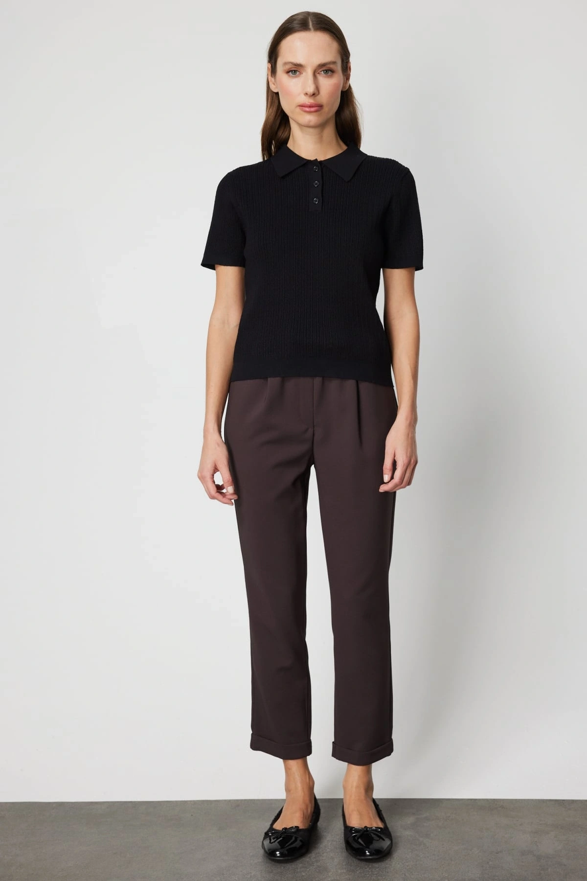 On Fashion Kadın Polo Yaka Triko Siyah Kazak 60314