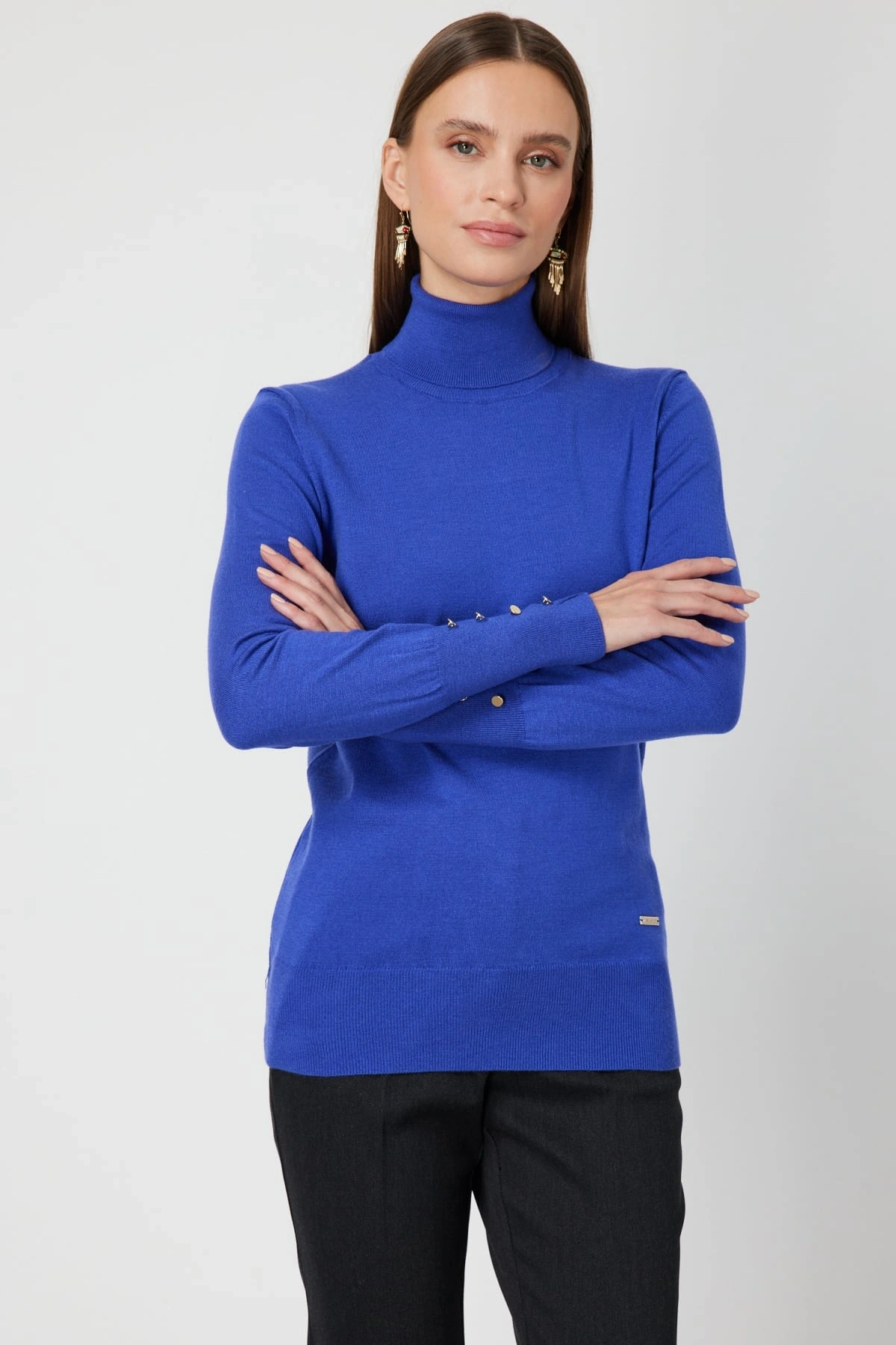 On Fashion Kadın Saks Mavisi Boğazlı Kazak 63503