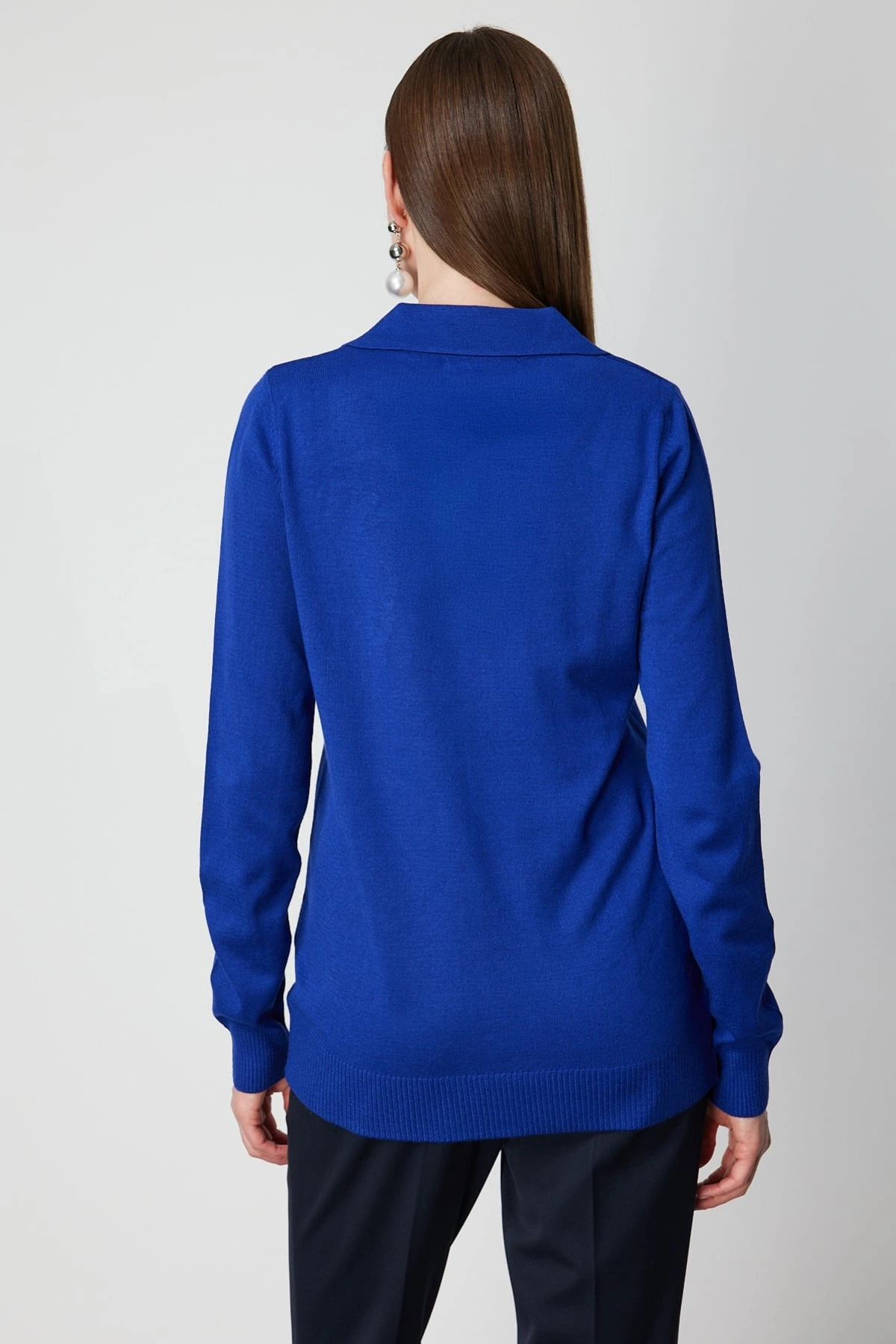 On Fashion Kadın Omuz Yaprak Zincirli Saks Mavisi Kazak 65334