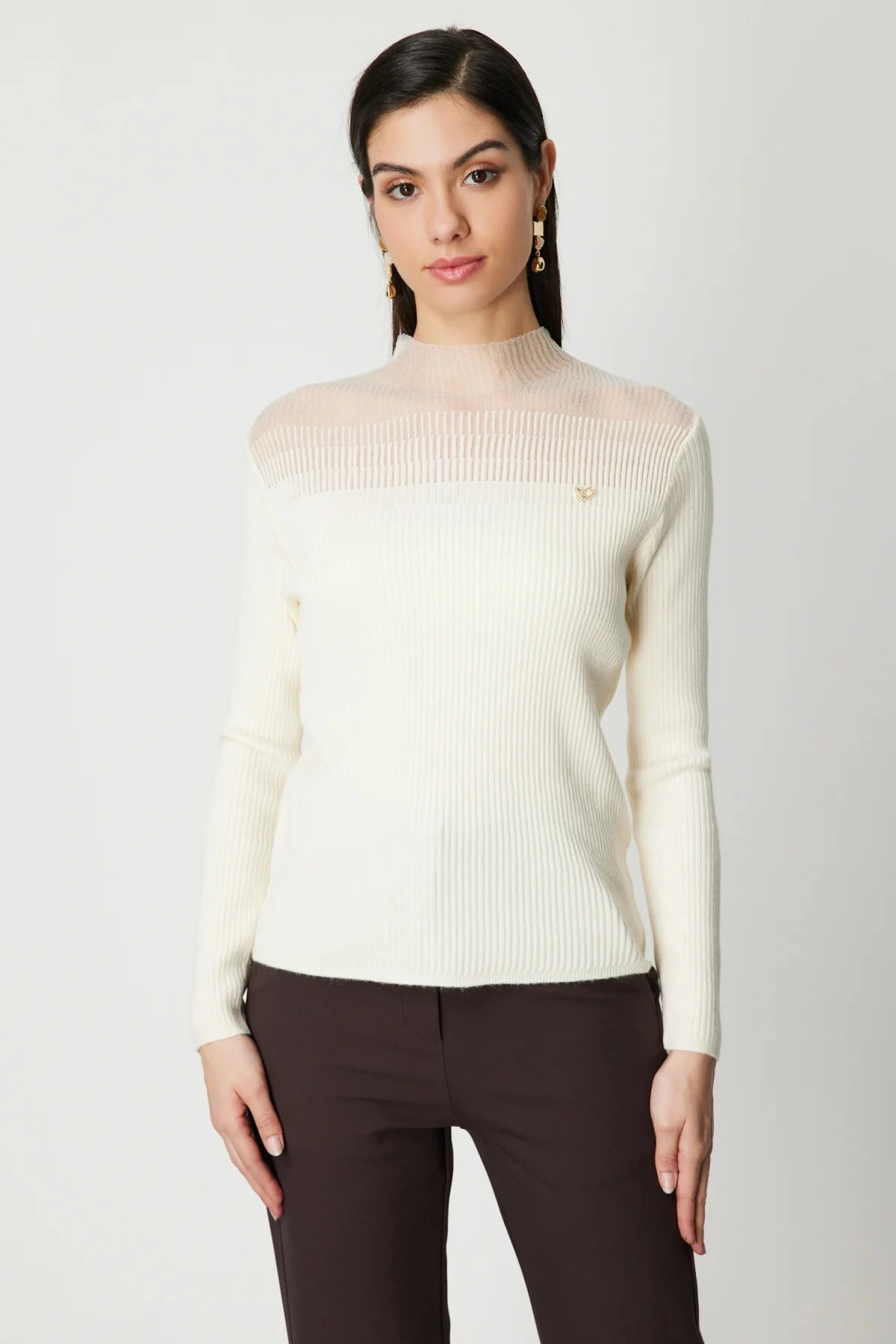 On Fashion Kadın Yarım Balıkçı İnce Örme Ekru Kazak 60346