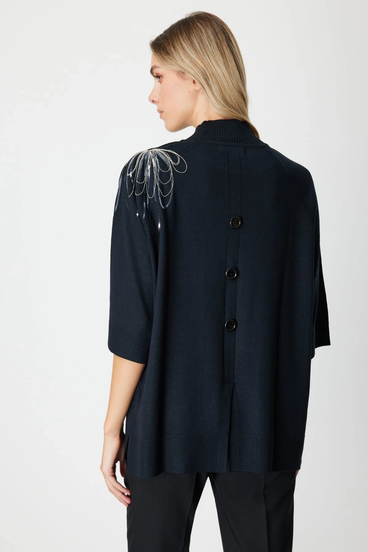 On Fashion Kadın Yarım Kol Tek Omuz Zincirli Siyah Kazak 65381