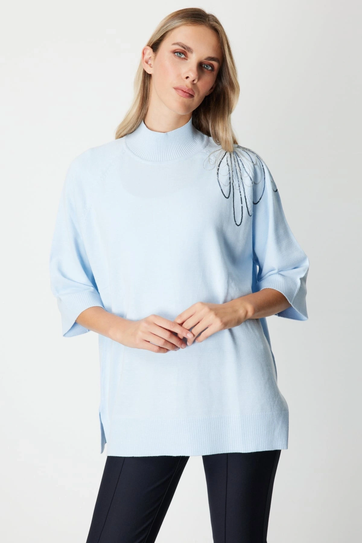 On Fashion Kadın Yarım Kol Tek Omuz Zincirli Mavi Kazak 65381