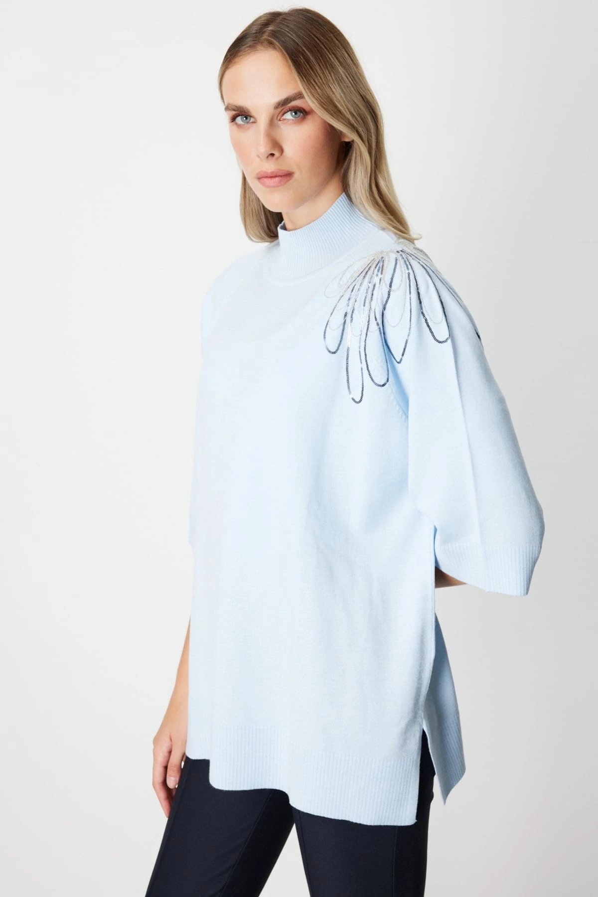 On Fashion Kadın Yarım Kol Tek Omuz Zincirli Mavi Kazak 65381