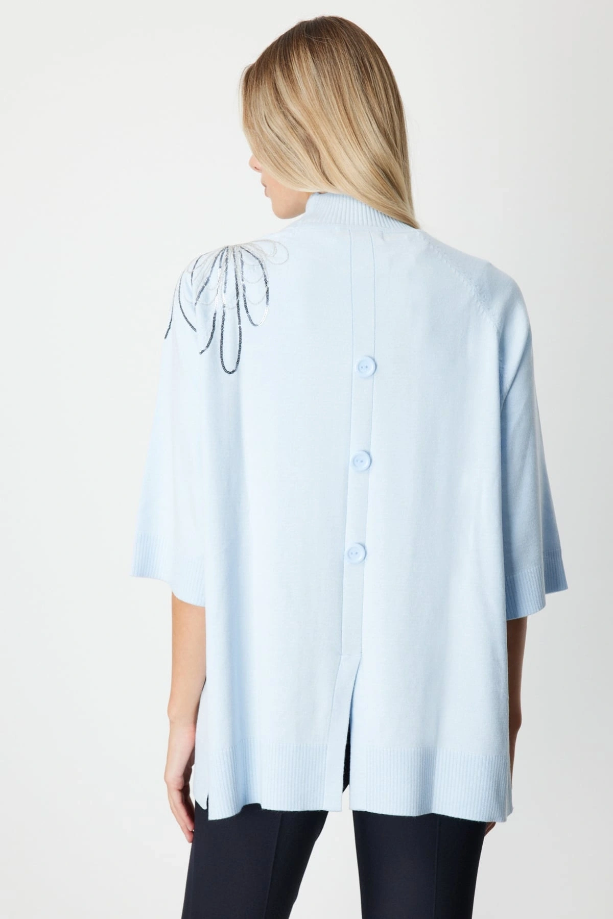 On Fashion Kadın Yarım Kol Tek Omuz Zincirli Mavi Kazak 65381