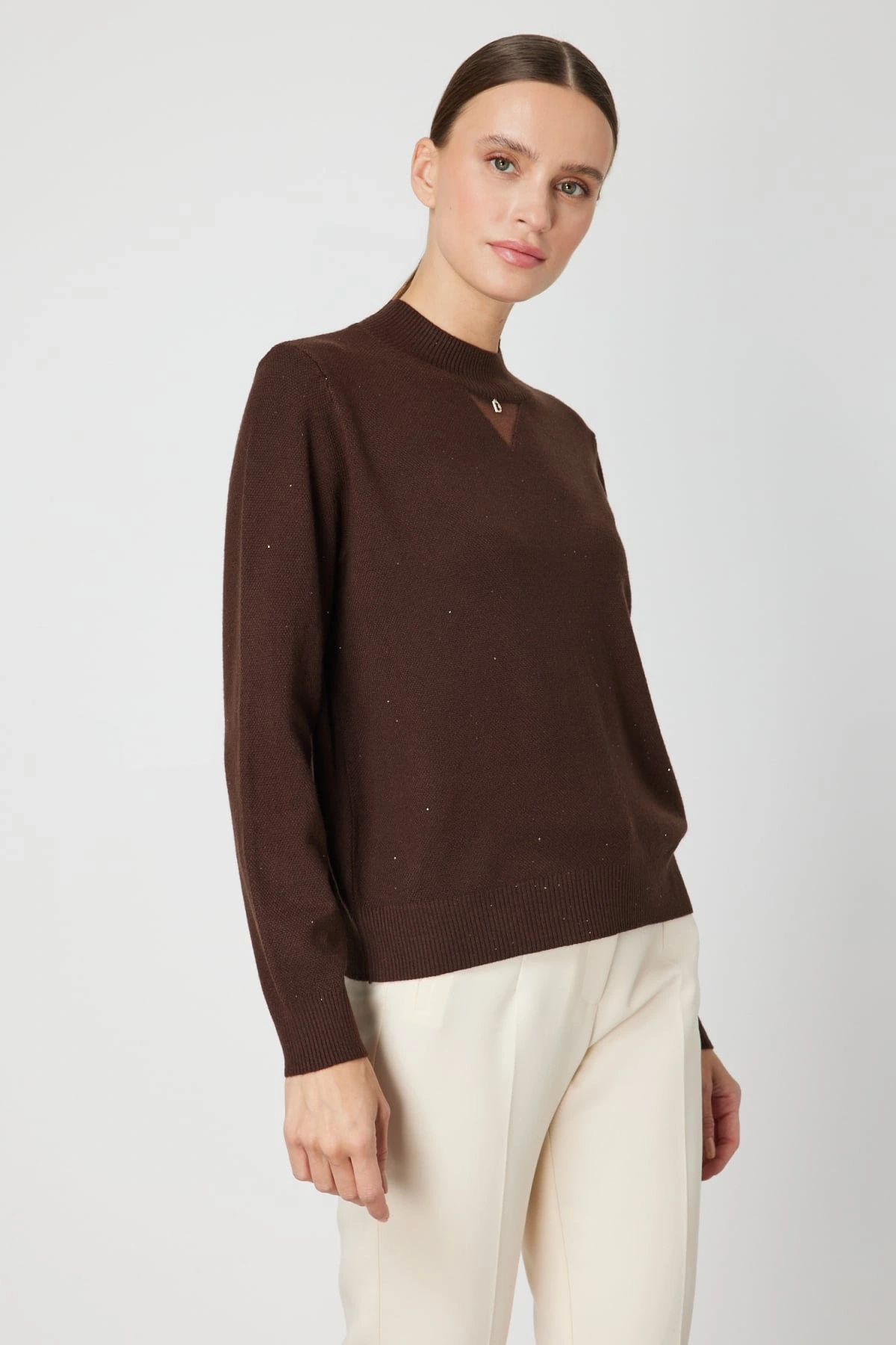 On Fashion Kadın Pul Detaylı Kahverengi Kazak 60345