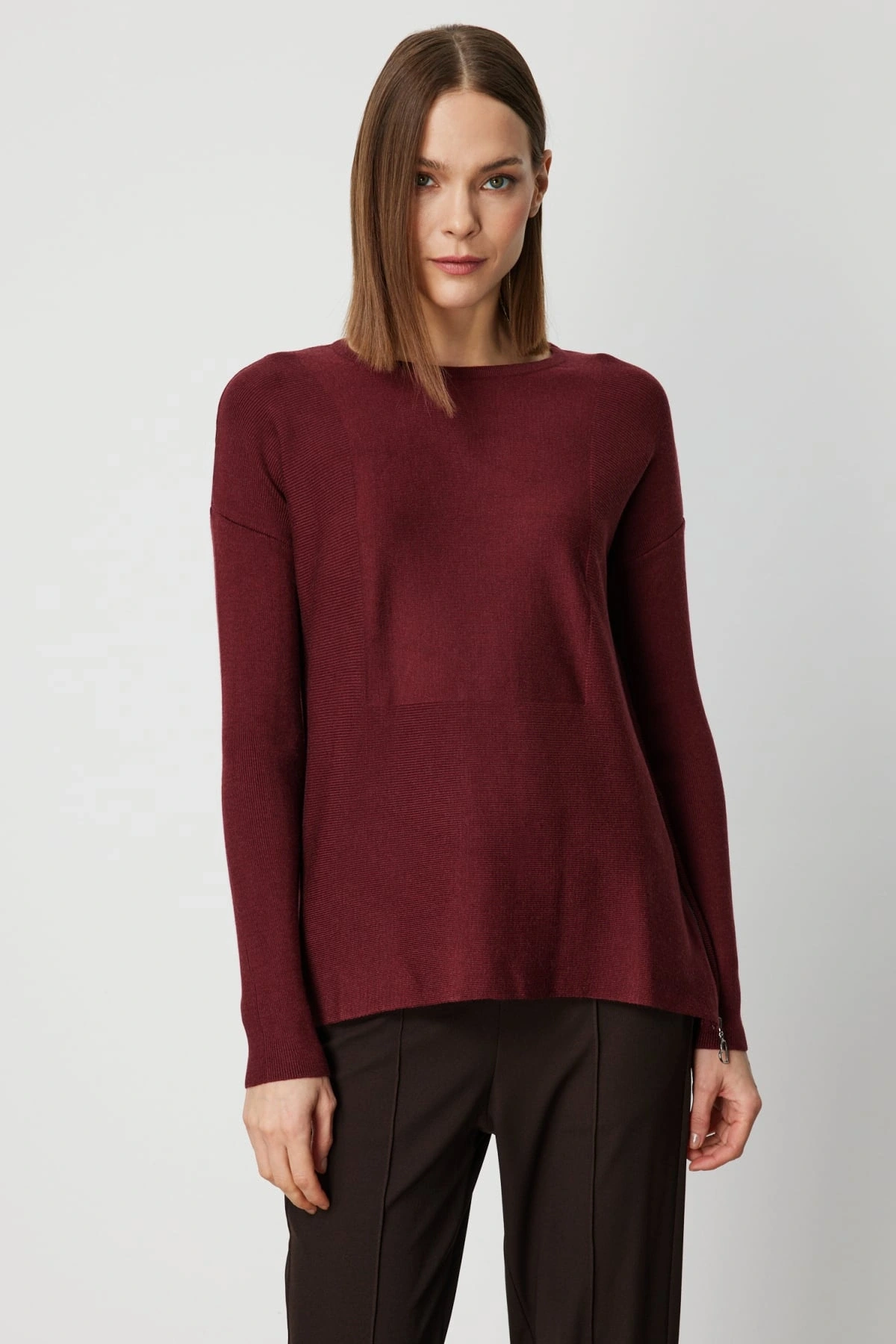 On Fashion Kadın Yanı Fermuarlı Bordo Kazak 65318