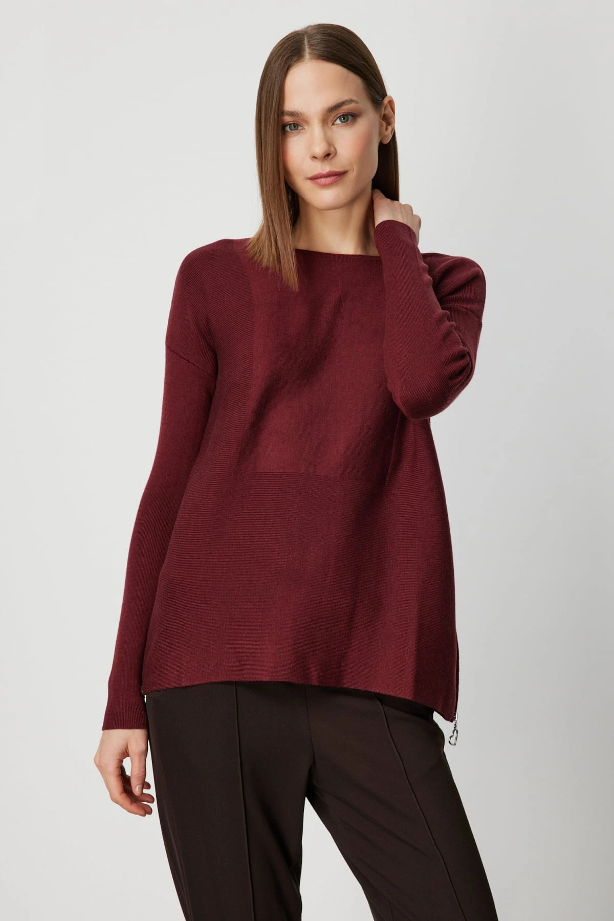 On Fashion Kadın Yanı Fermuarlı Bordo Kazak 65318