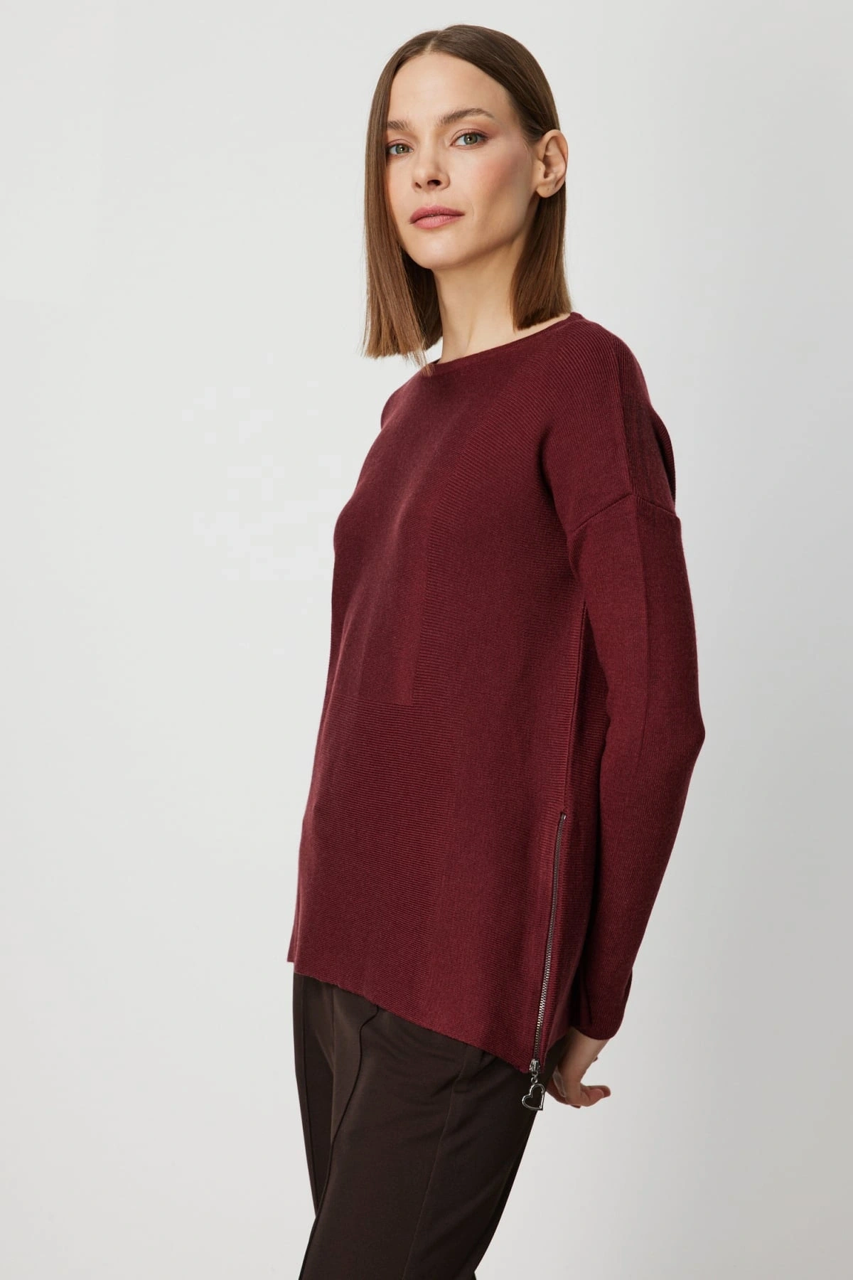 On Fashion Kadın Yanı Fermuarlı Bordo Kazak 65318