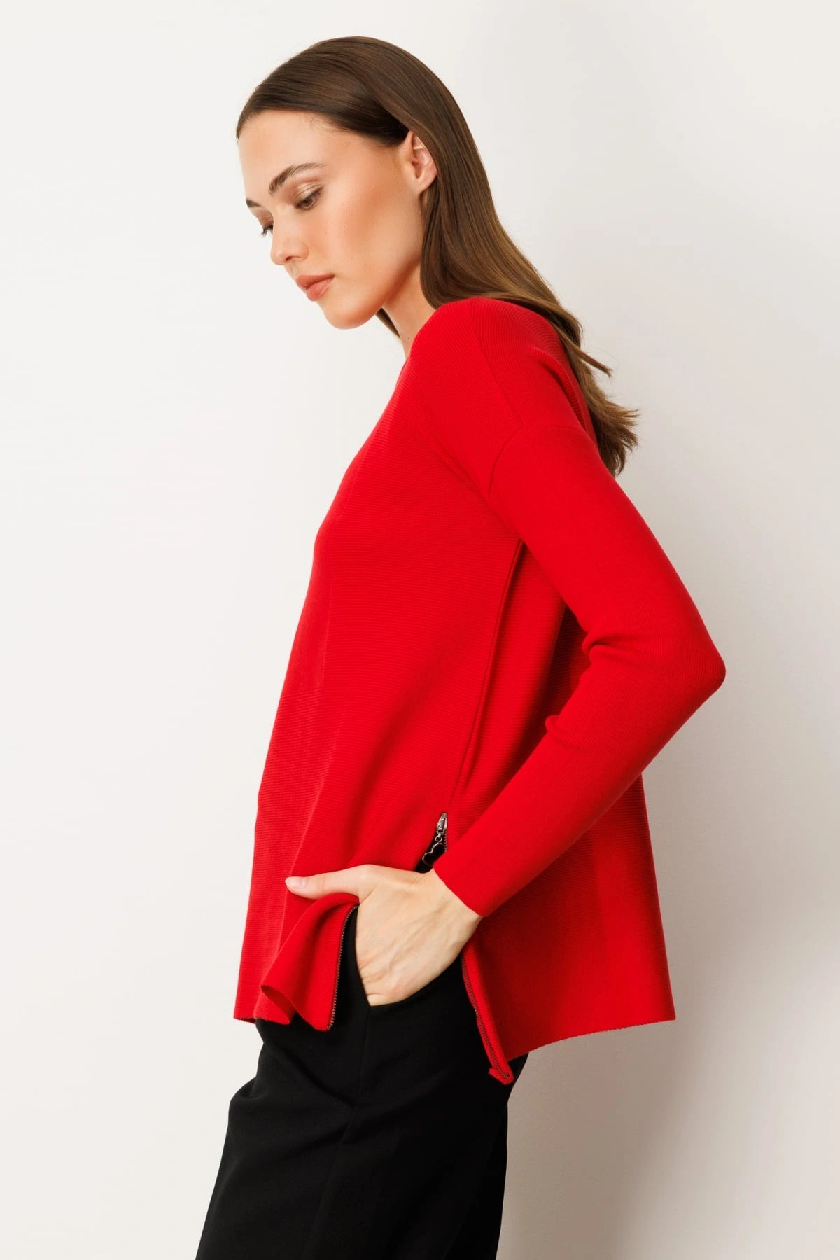 On Fashion Kadın Yanı Fermuarlı Kırmızı Kazak 65318