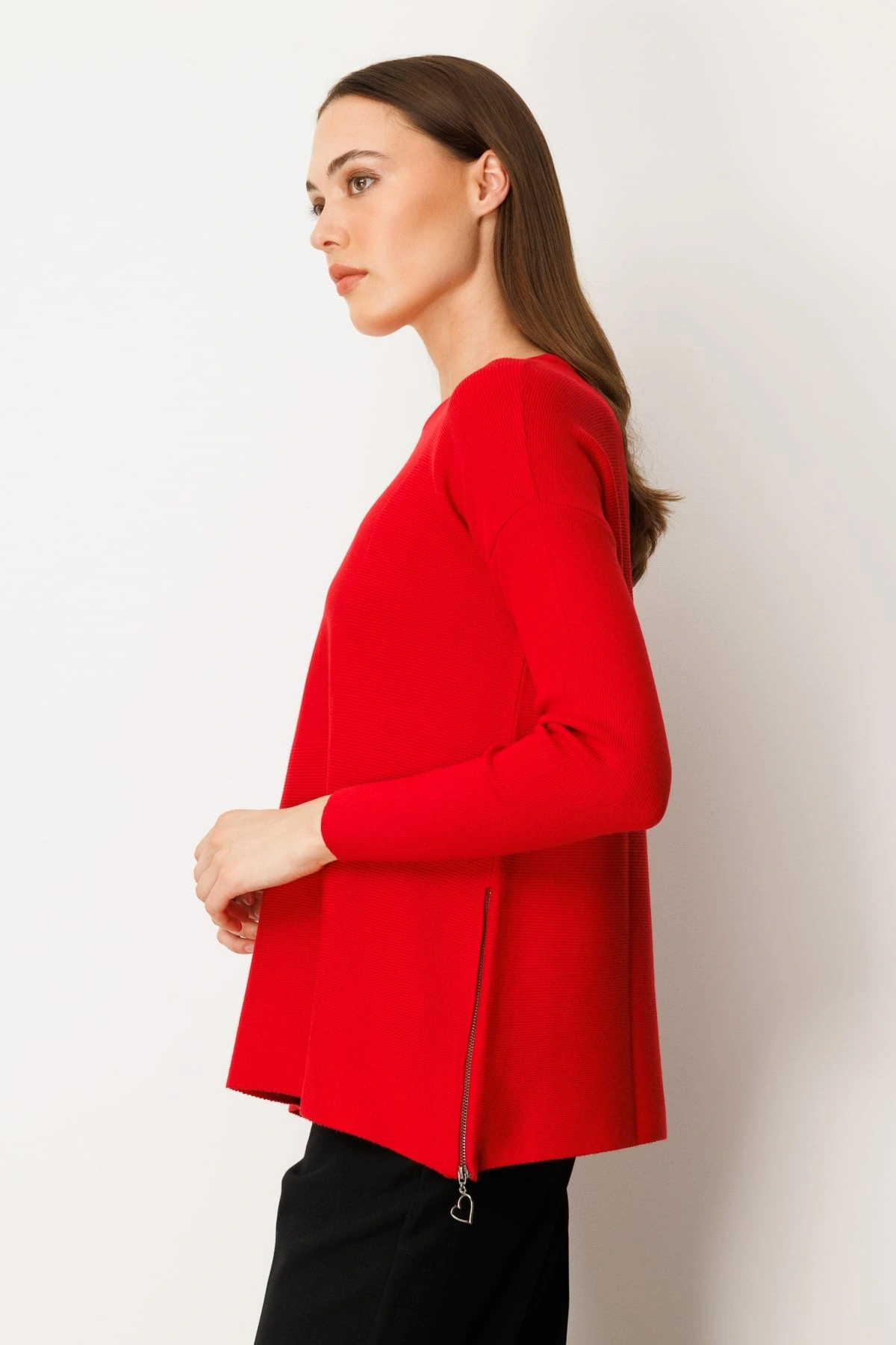 On Fashion Kadın Yanı Fermuarlı Kırmızı Kazak 65318