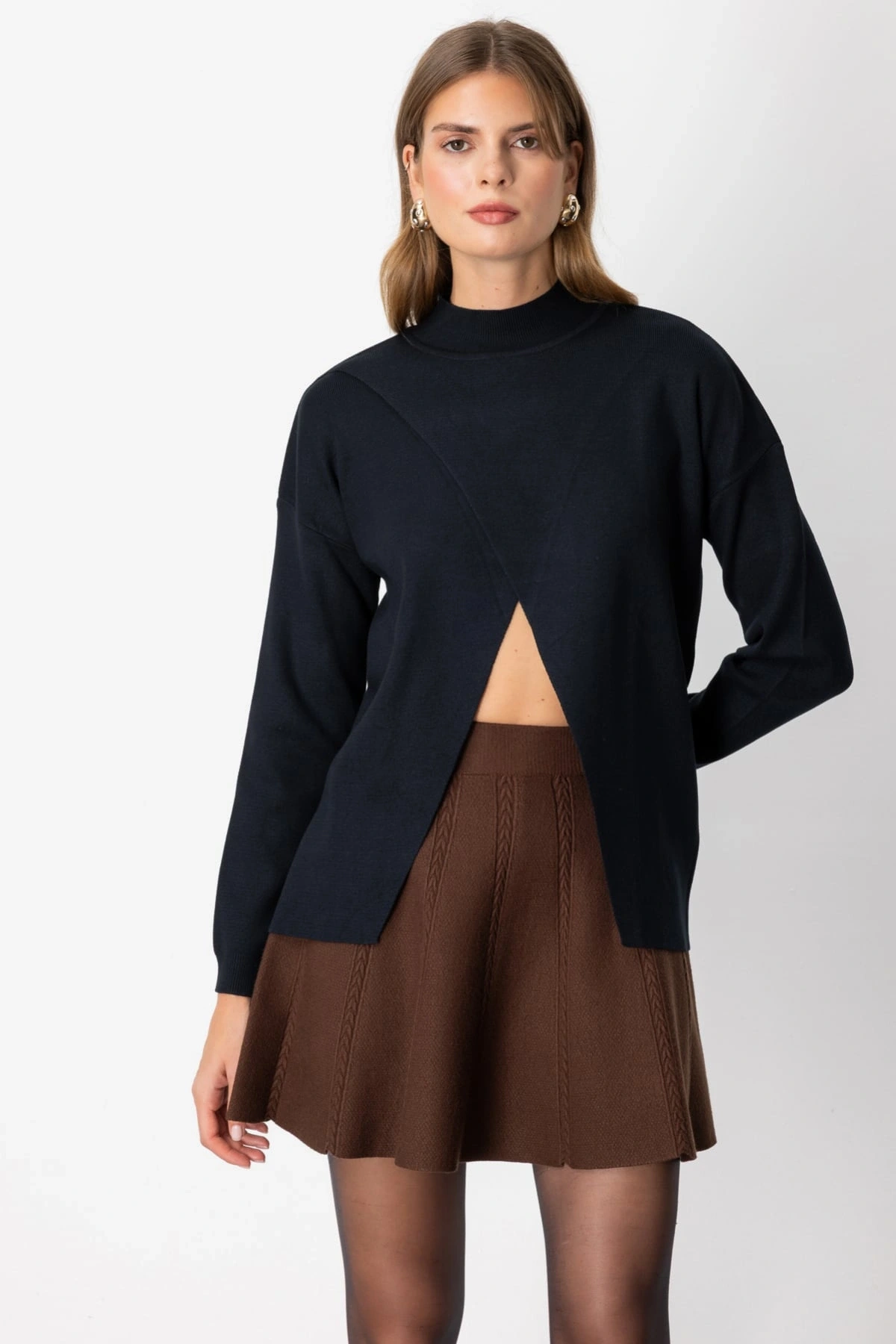 On Fashion Kadın Dik Yaka Çapraz Siyah Kazak 65343