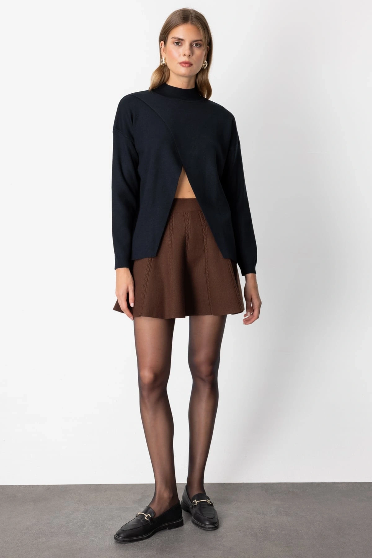 On Fashion Kadın Dik Yaka Çapraz Siyah Kazak 65343