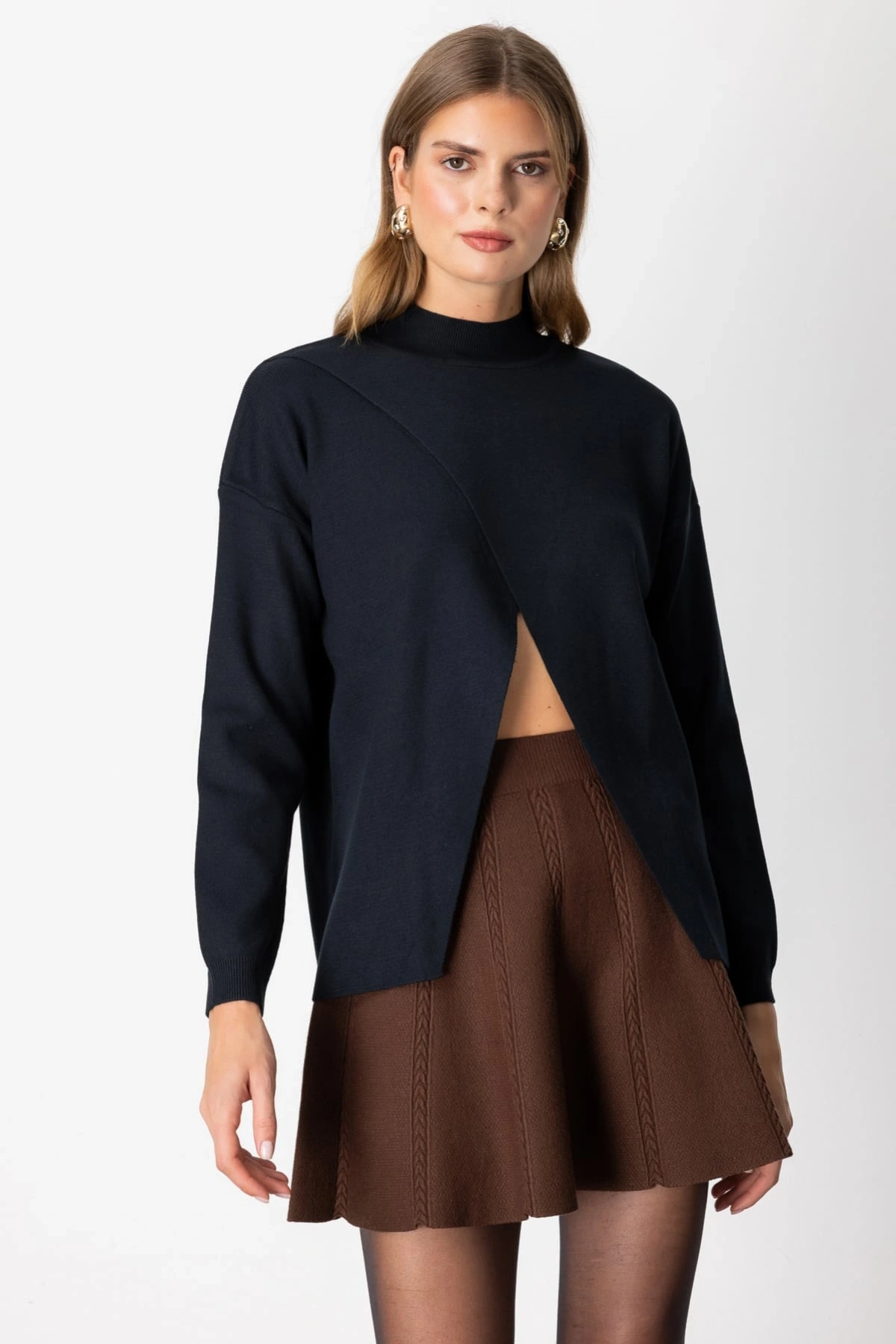 On Fashion Kadın Dik Yaka Çapraz Siyah Kazak 65343