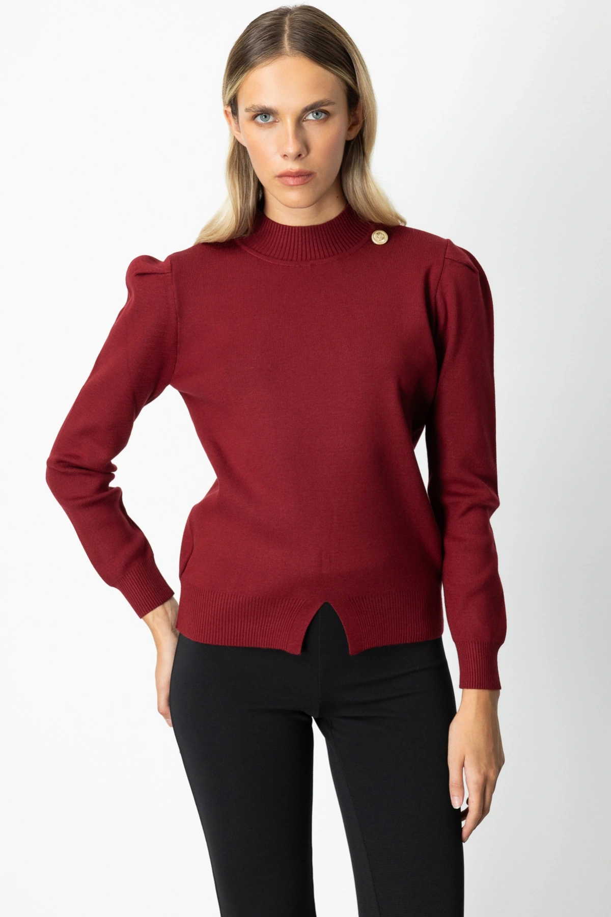 On Fashion Kadın Düğmeli Omuz Detaylı Bordo Kazak 65331