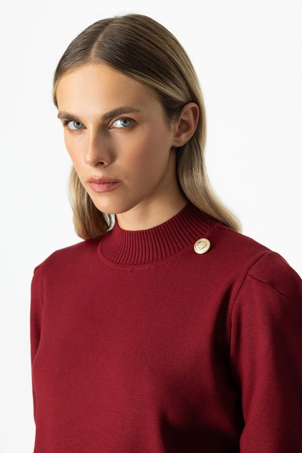 On Fashion Kadın Düğmeli Omuz Detaylı Bordo Kazak 65331