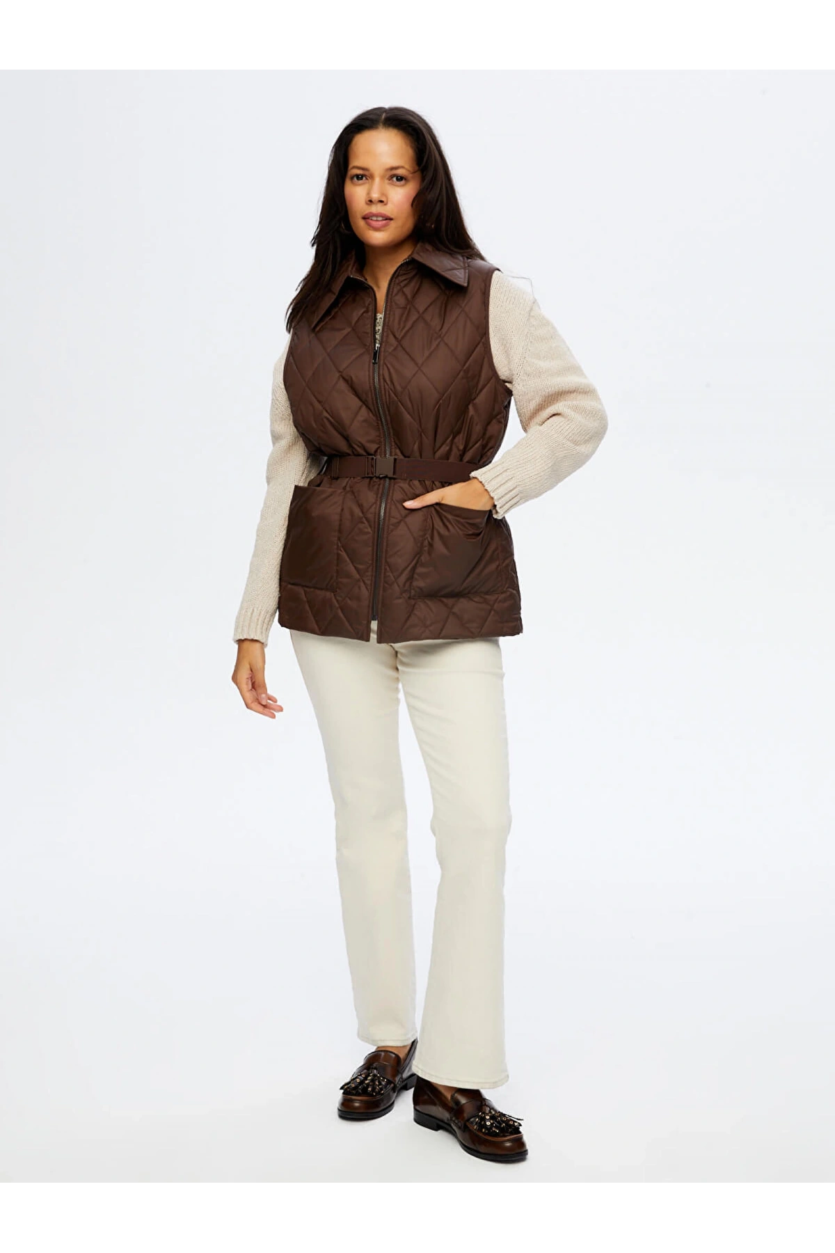 Faik Sönmez Kadın Kapitone Koyu Kahverengi Yelek UW26KYL003