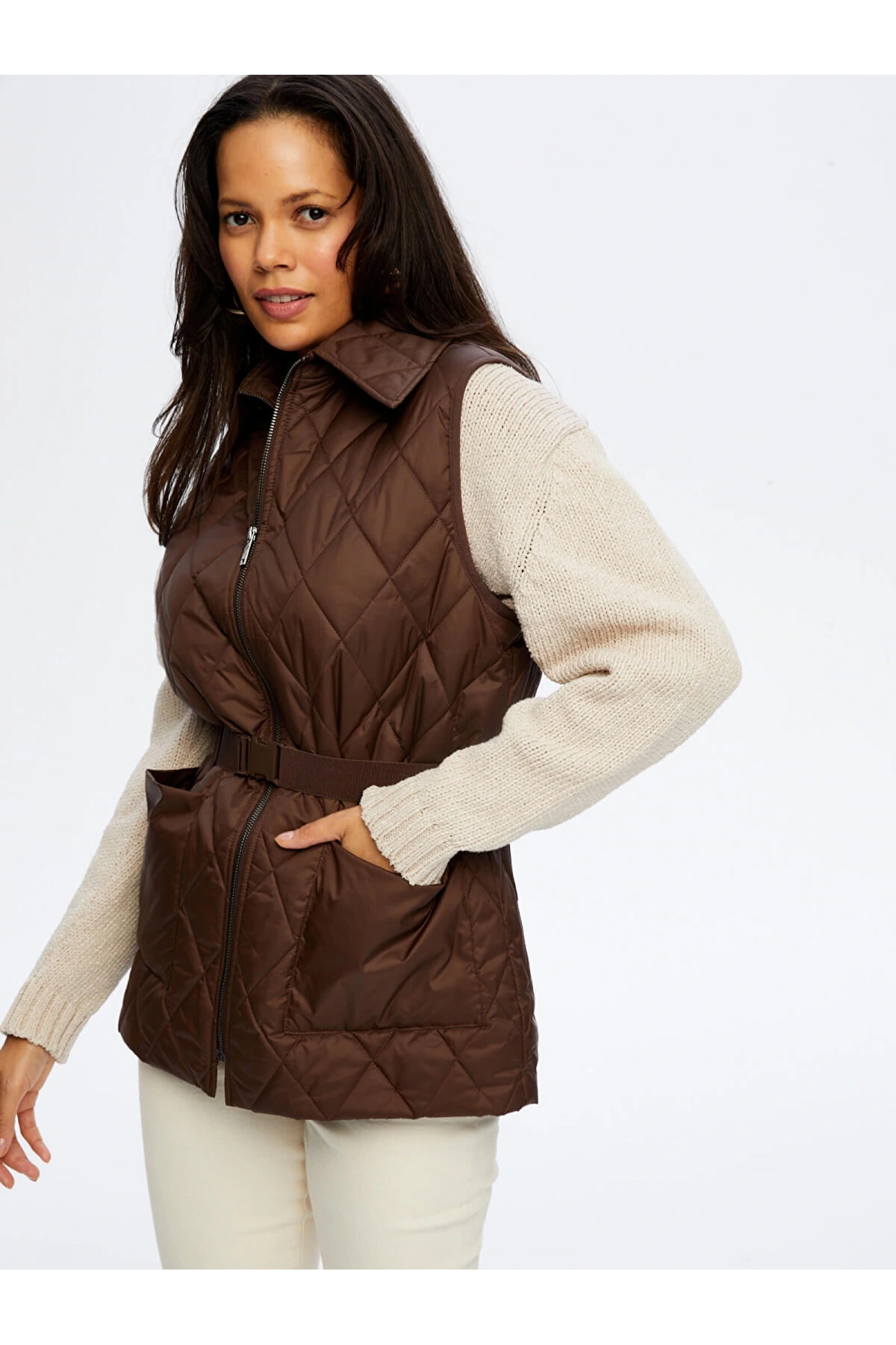 Faik Sönmez Kadın Kapitone Koyu Kahverengi Yelek UW26KYL003