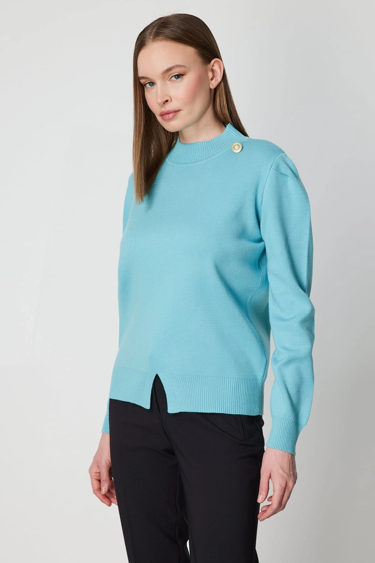 On Fashion Kadın Düğmeli Omuz Detaylı Turkuaz Kazak 65331