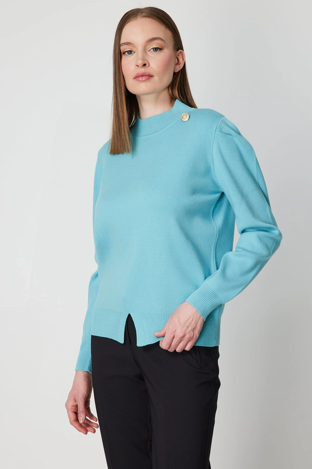 On Fashion Kadın Düğmeli Omuz Detaylı Turkuaz Kazak 65331